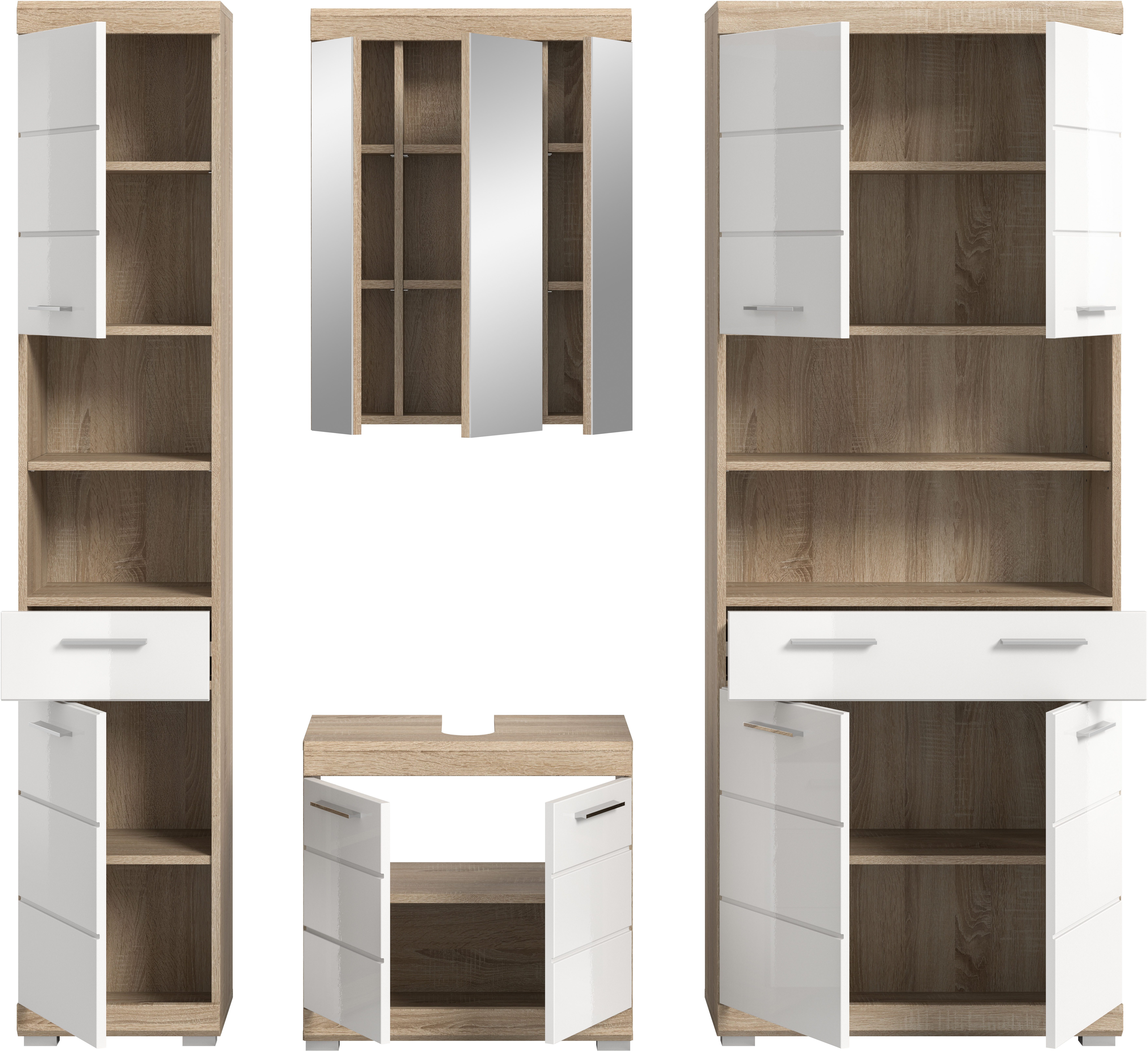 INOSIGN Badkamerserie Siena, 4-delig, bestaande uit: Smalle hoge kast, WBU, spiegelkast, brede hoge kast (set, 4-delig)