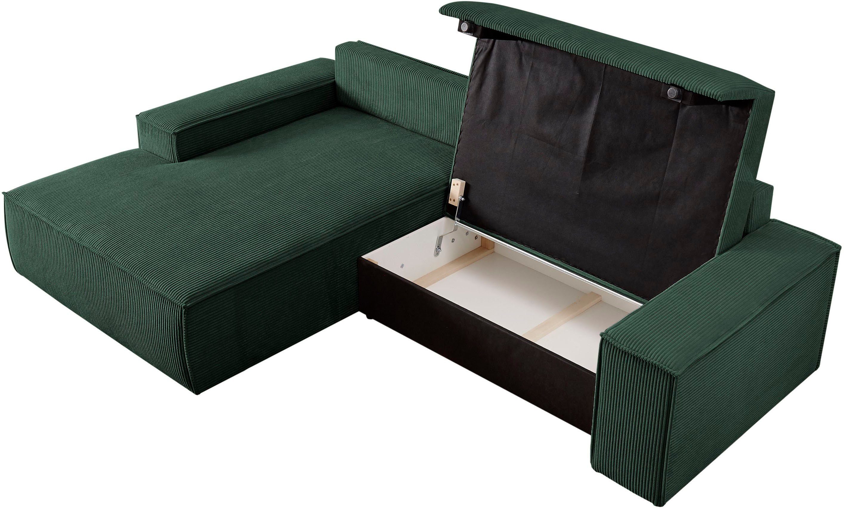 Home affaire Hoekbank SHERWOOD bedbank 267 cm, L-model, Slaapfunctie met bedlade (210x136 cm), cord, vintage, fluweel
