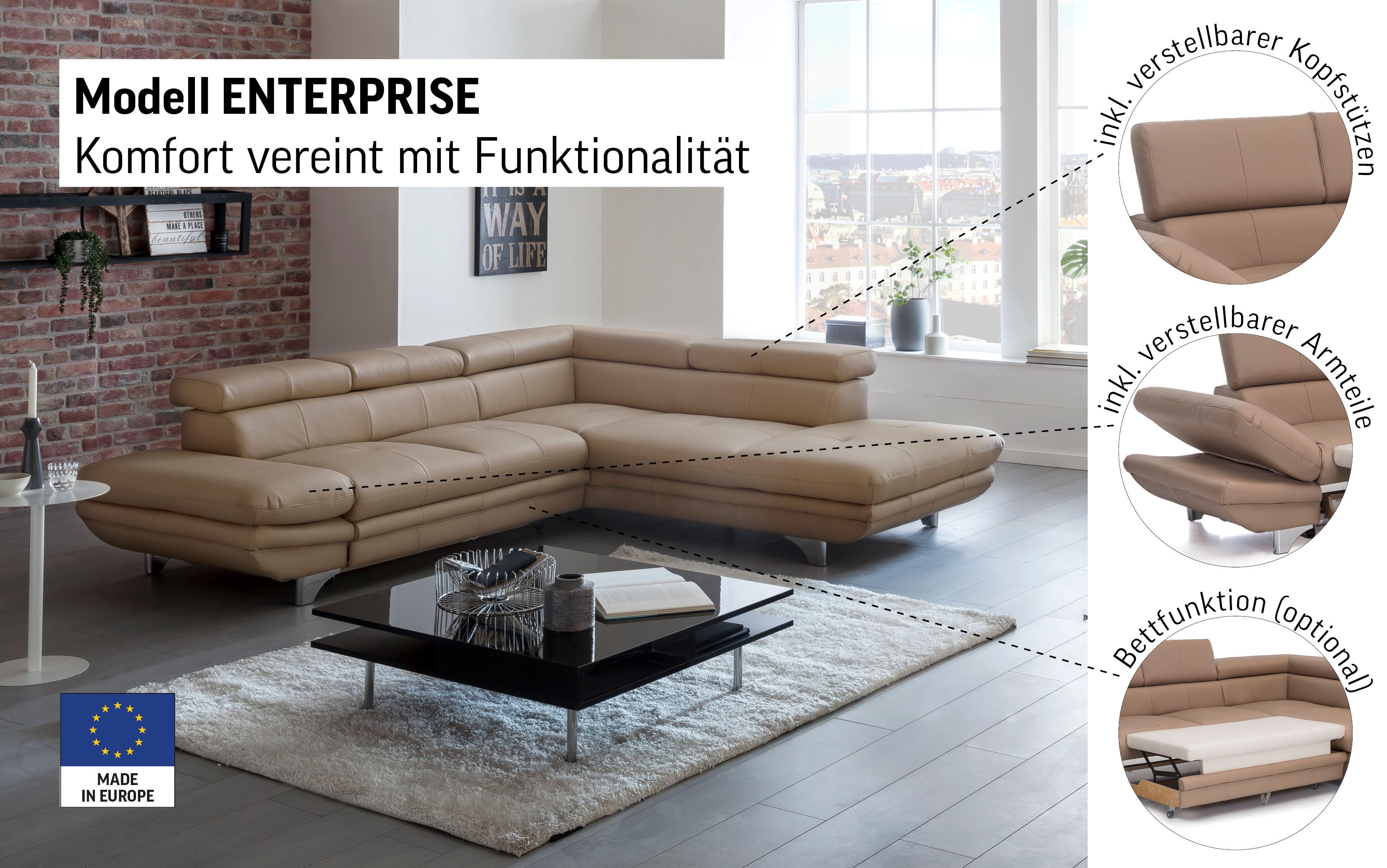 COTTA Hoekbank Enterprise L-vorm met arm- en hoofdbordverstelling, optioneel met slaapfunctie