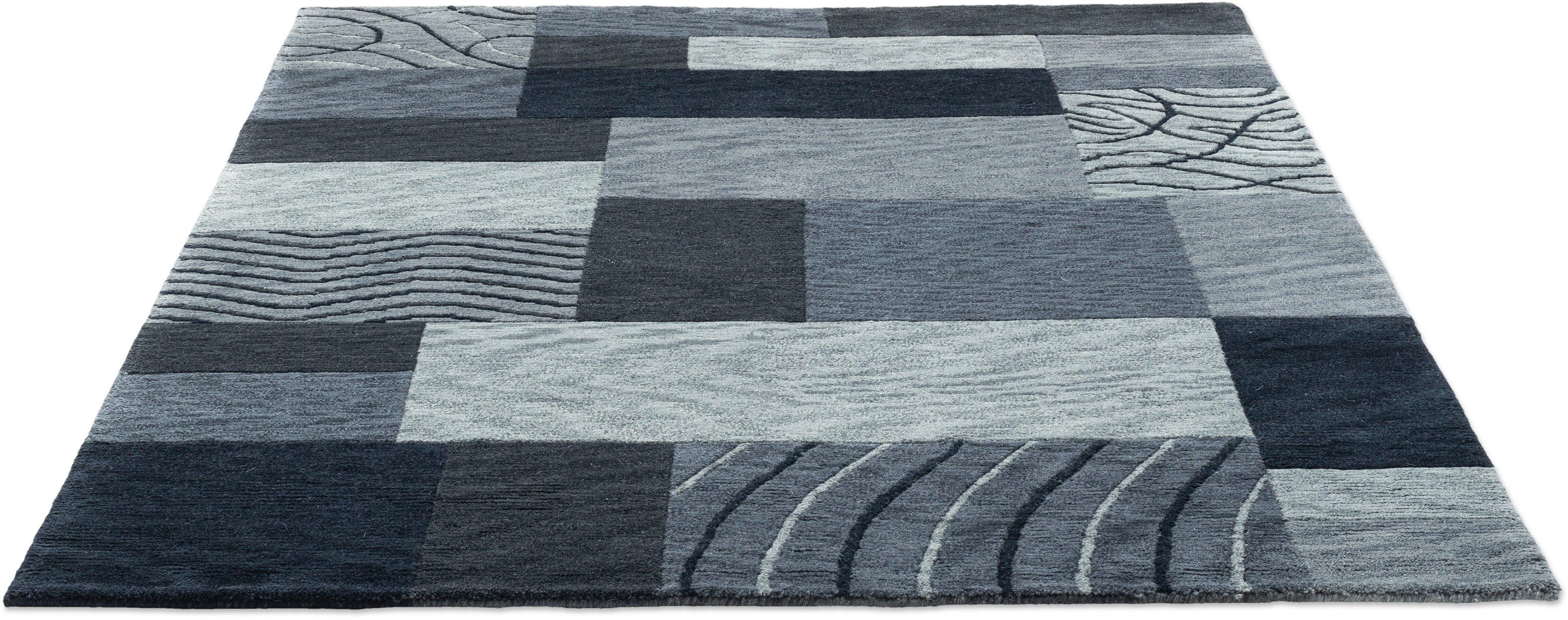 THEKO Wollen kleed Royal Domas 4028 Korte pool, zuivere wol, handgetuft, modern patchworkdesign