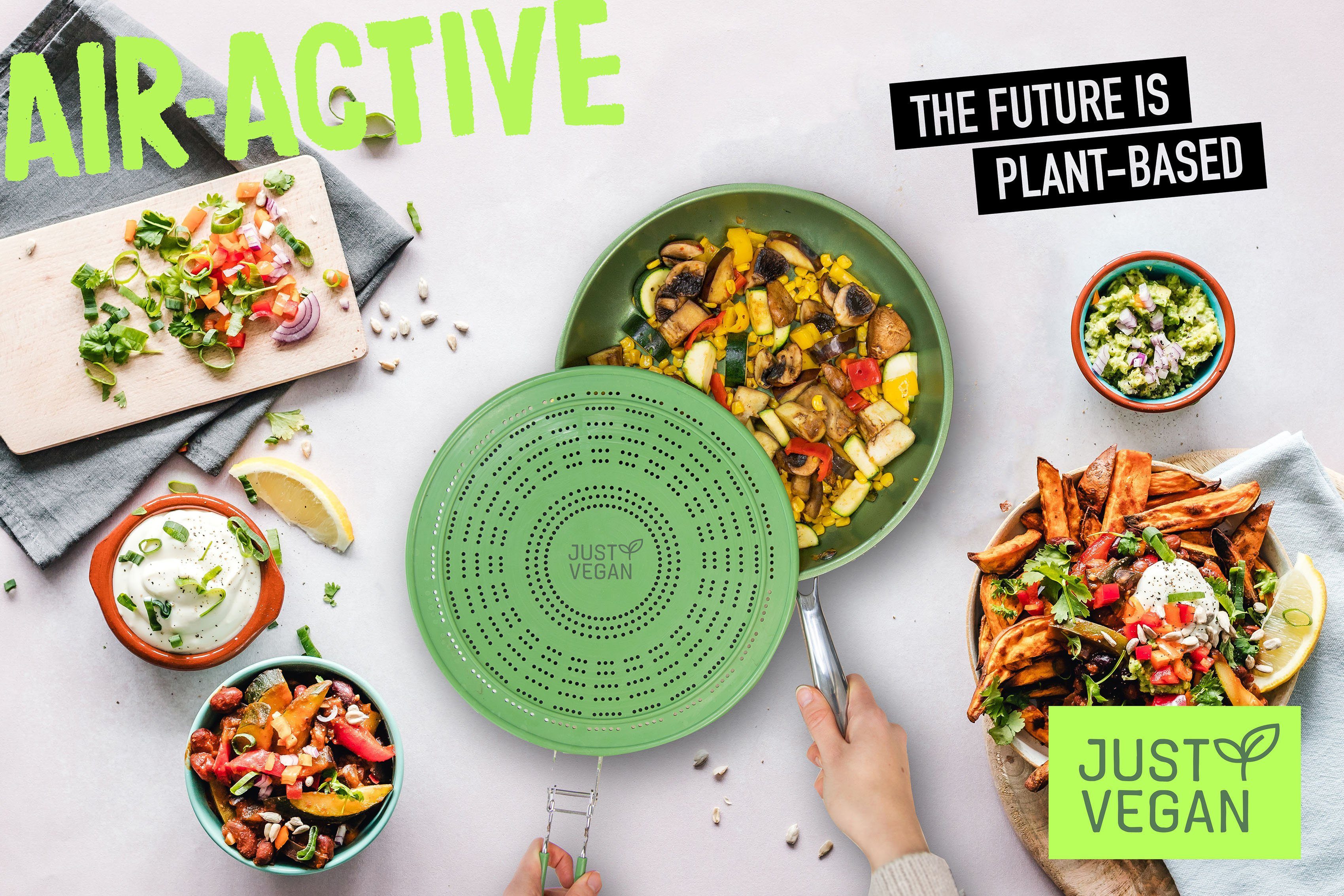 JUST VEGAN Spatdeksel AirActive ook als vergiet, stoominzet en afkoelrooster te gebruiken (set, 7-delig)