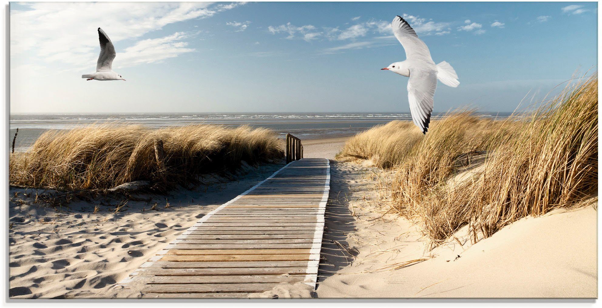 Artland Print op glas Noordzeestrand op Langeoog met meeuwen