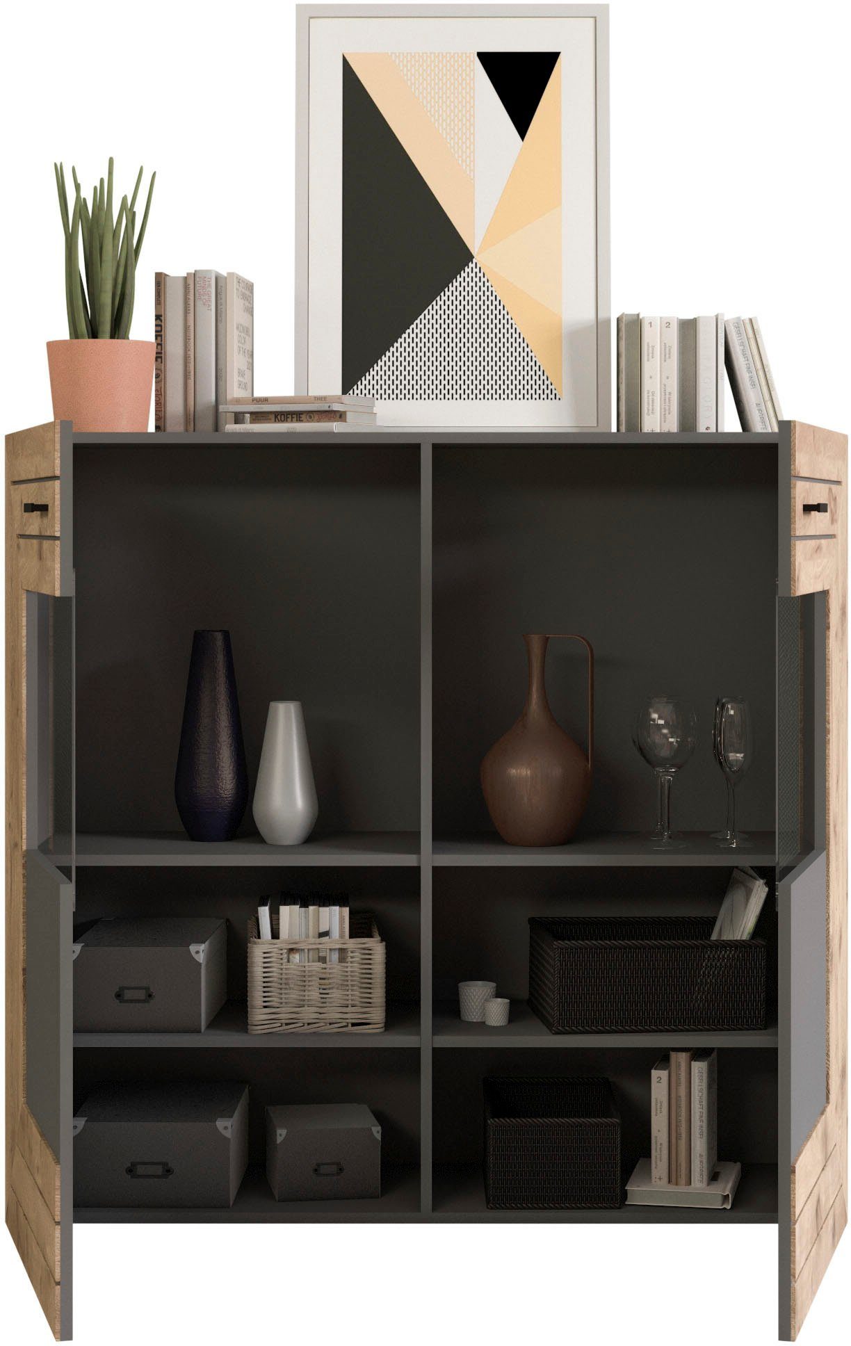 INOSIGN Highboard Aalborg, hoogte 117 cm, 2 glazen deuren, 6 vakken, 2-kleurig, metalen handgrepen