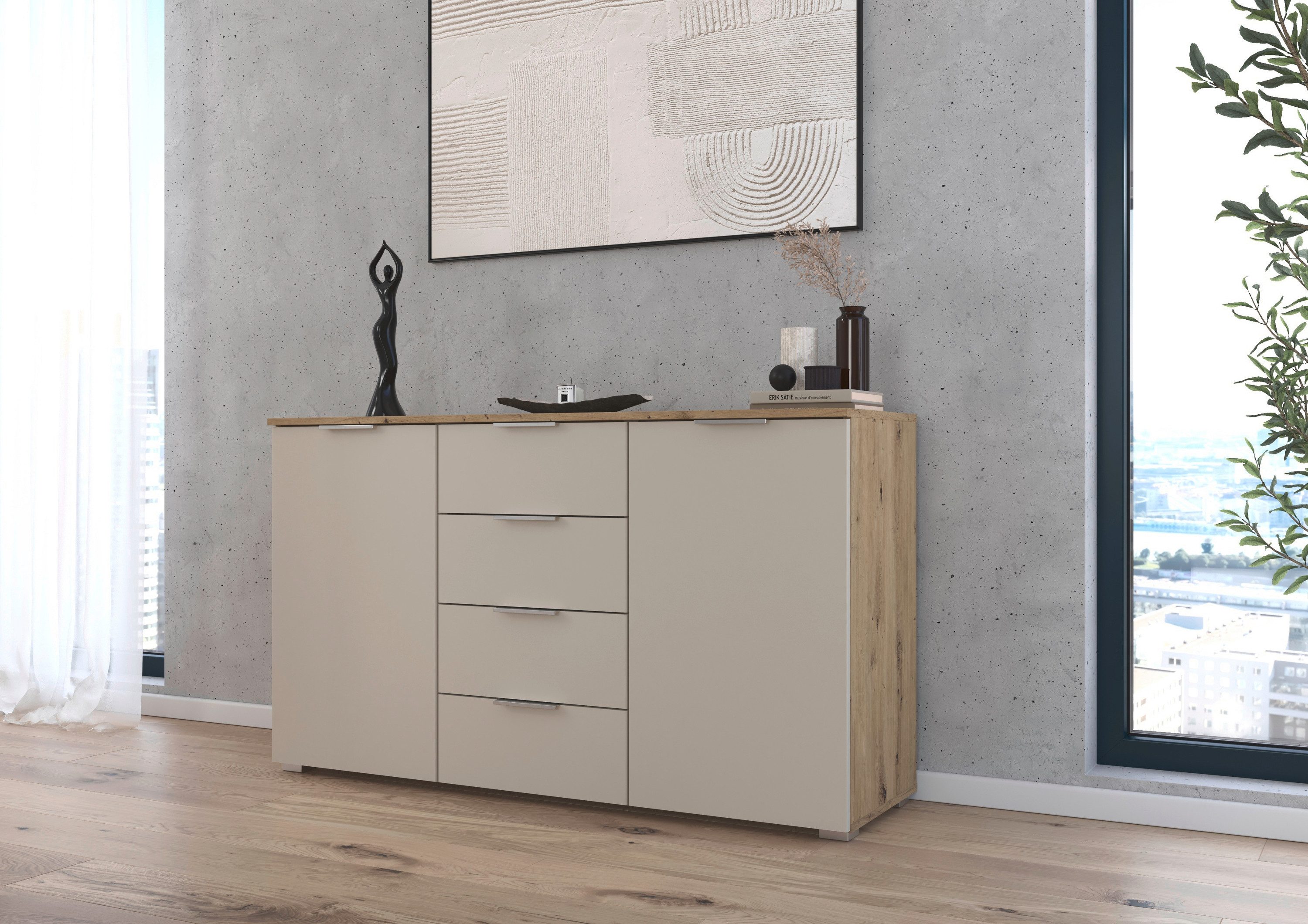 rauch Kast met laden en deuren Sideboard AGORDO met decor- of hoogglansfront met 4 lades en 2 deuren en metalen grepen made in germany