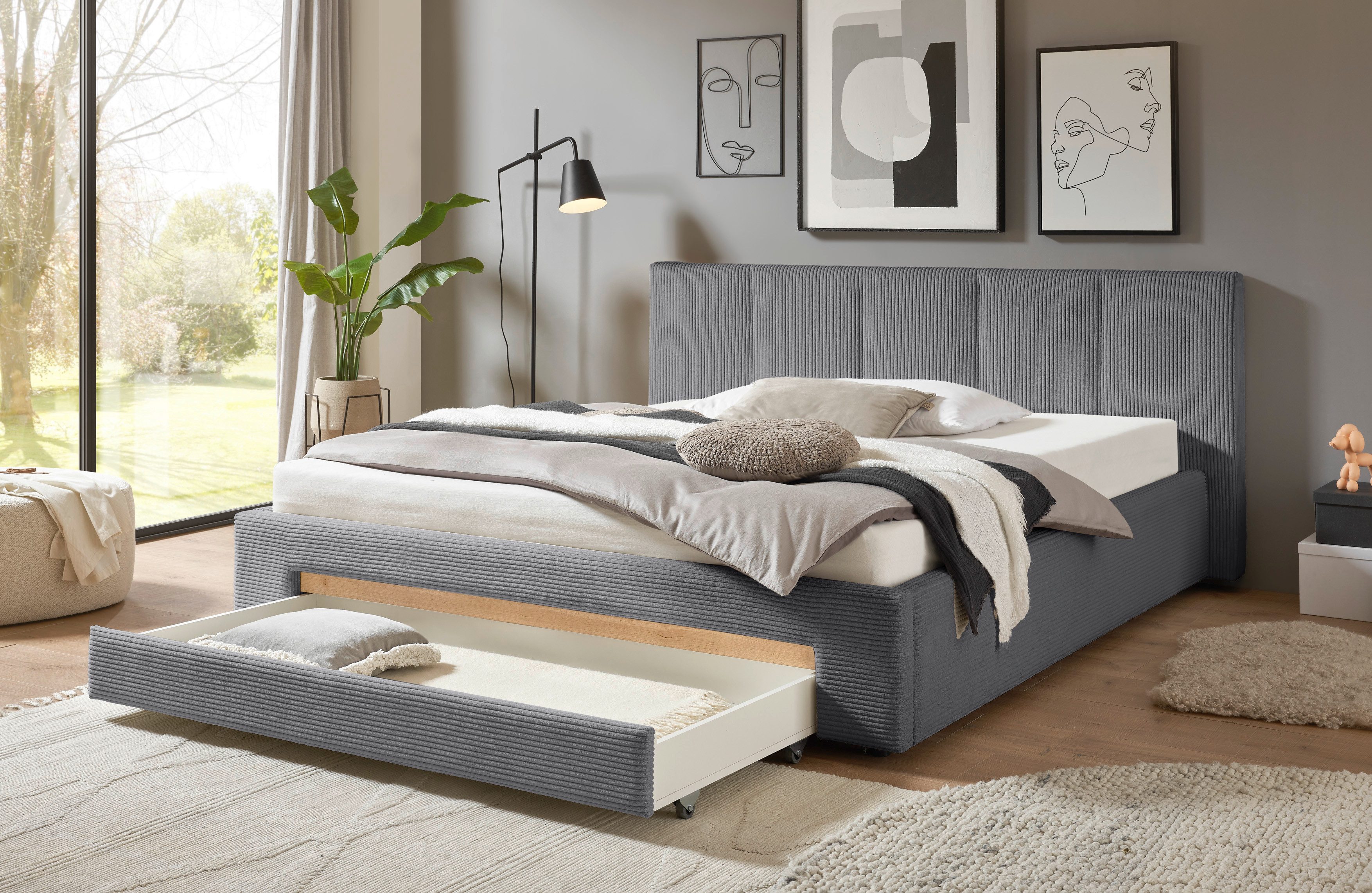 INOSIGN Gestoffeerd bed CiTY/GiRON, bedframe met bedlade, gestoffeerd opbergbed met hondenbed of opberglade, bekleding van corduroy of linnenlook