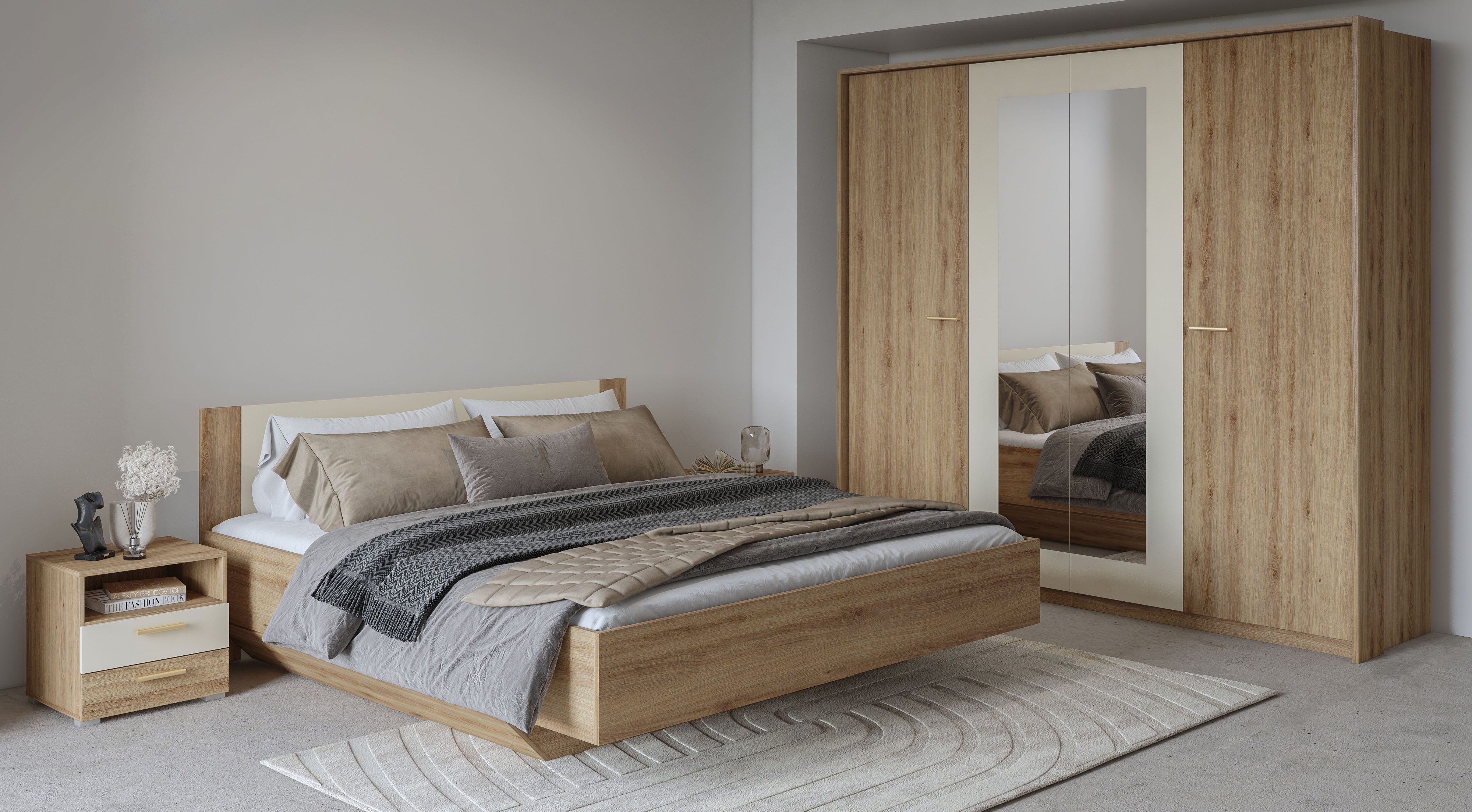 Home affaire Slaapkamerserie Bitry, Set 4-St (Bed 180 cm, 2xNako, draaideurkast) Compleet slaapkamer, veel opbergruimte, voelbare structuur, houtlook
