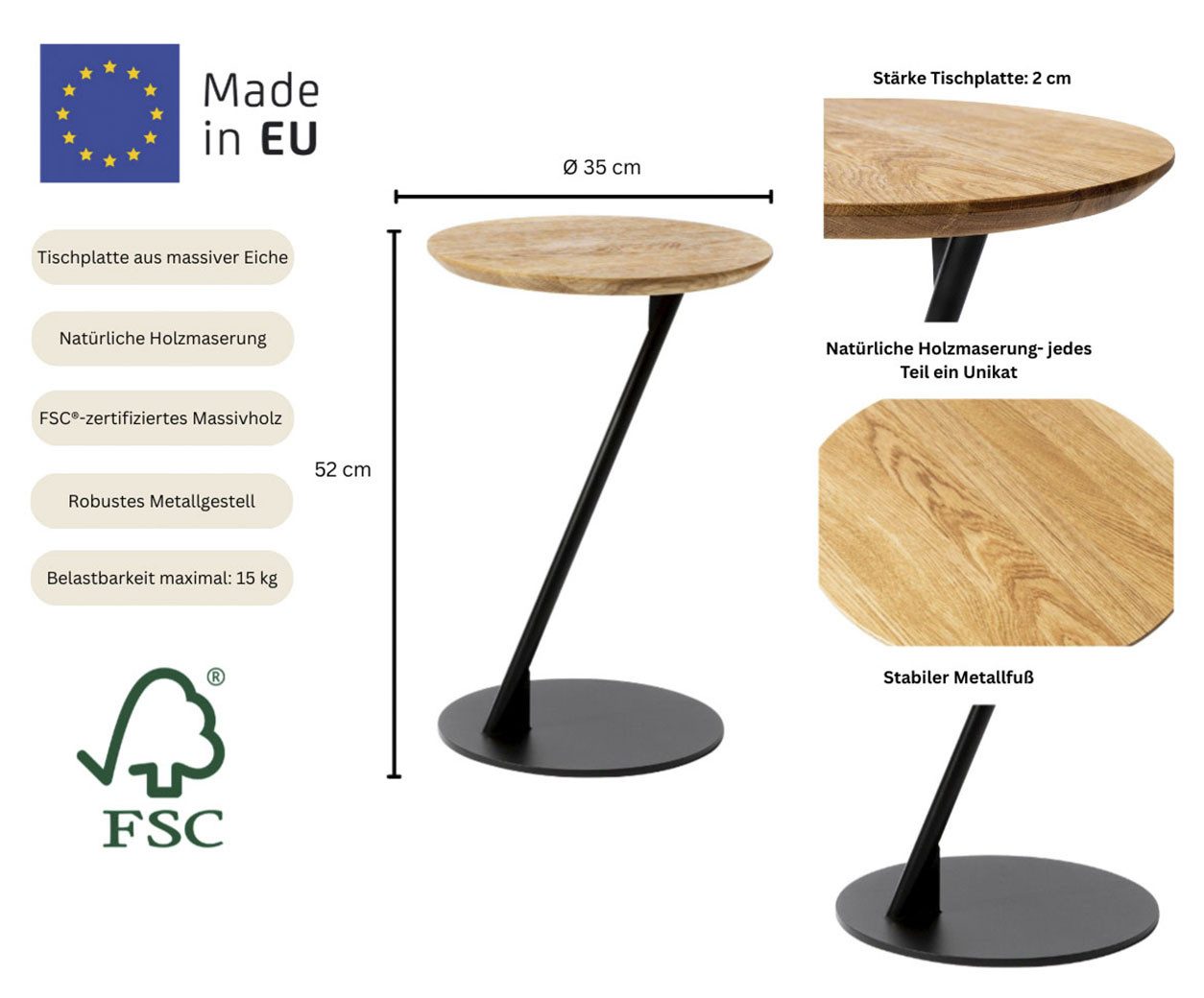 andas Salontafel Kurikka Tafelblad van massief eiken, onderstel van metaal