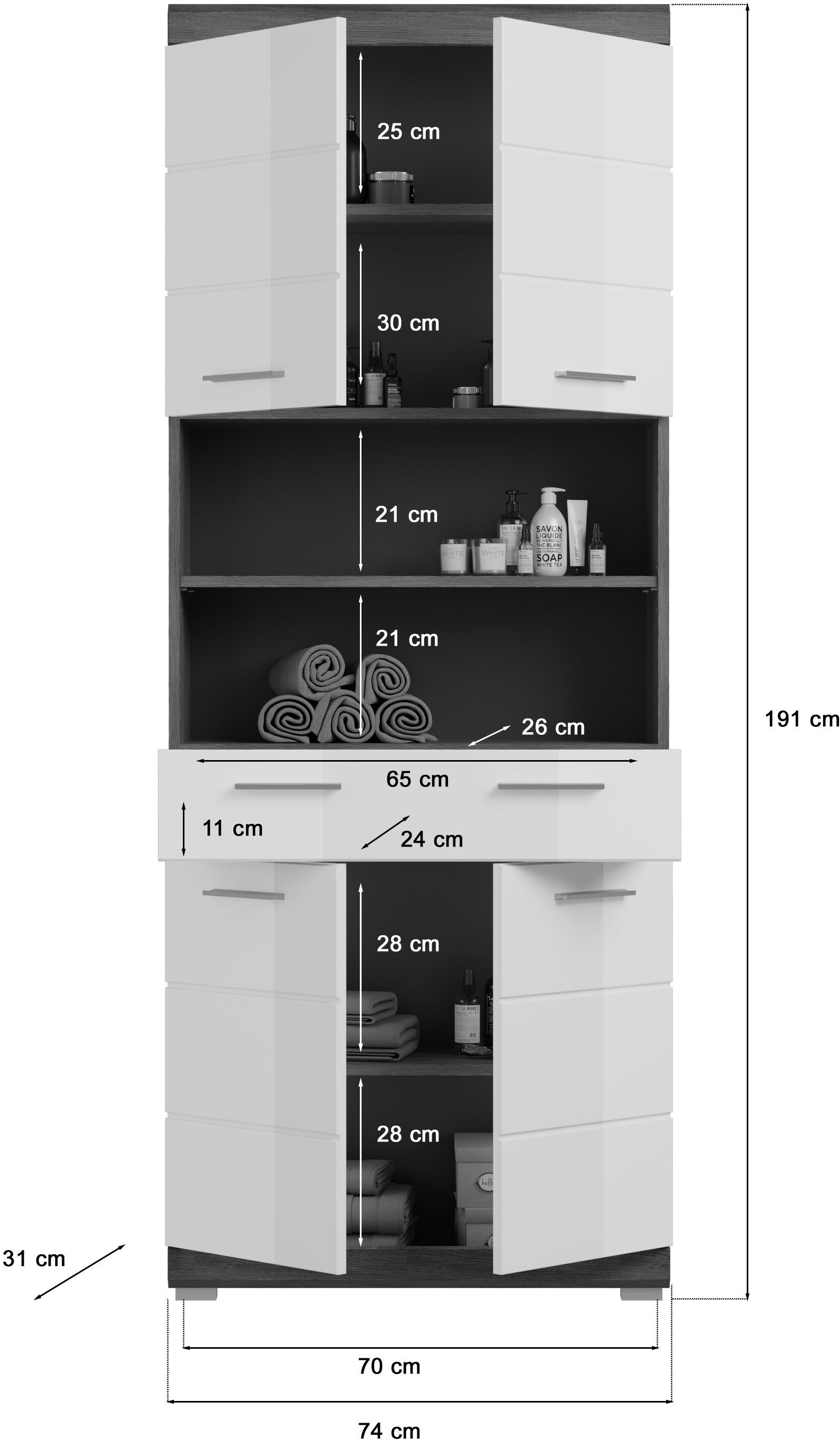 INOSIGN Badkamerserie Siena, 4-delig, bestaande uit: Smalle hoge kast, WBU, spiegelkast, brede hoge kast (set, 4-delig)