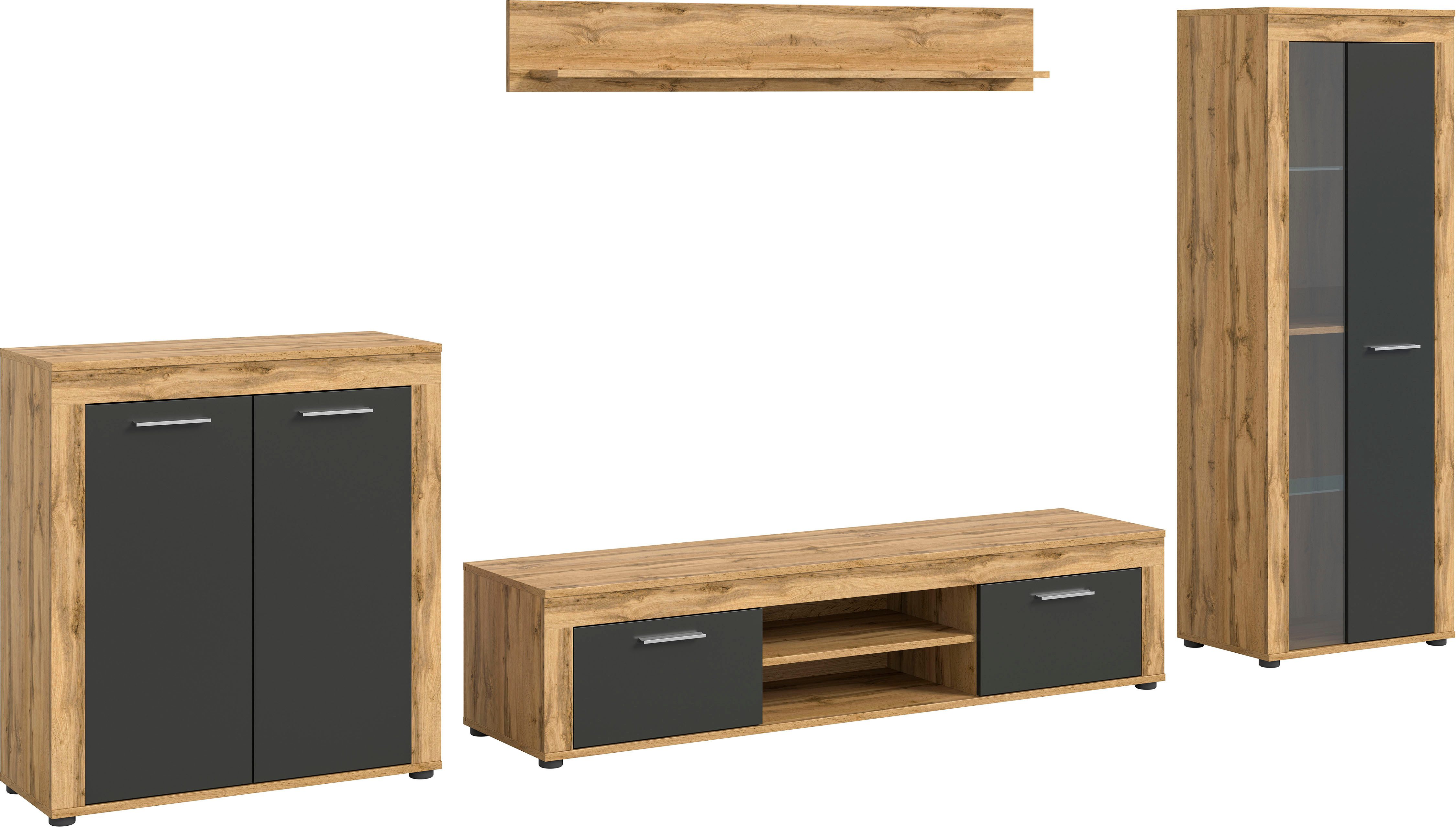 INOSIGN Woonkamerset Aosta, Breedte 330cm, bestaand uit Highboard, Lowboard, Wandplank, Vitrine