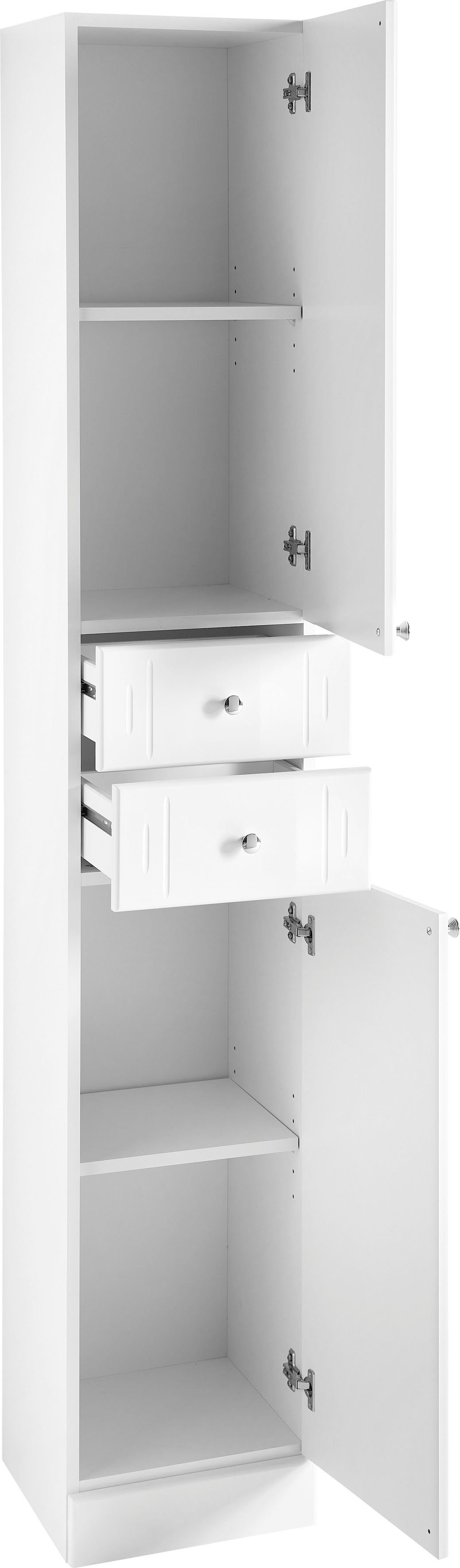 Saphir Hoge kast Quickset 955 Badkamermeubel, 32,5 cm breed, 2 deuren, 2 laden Hoge badkamerkast inclusief deurdemper, grepen in glanzend chroom