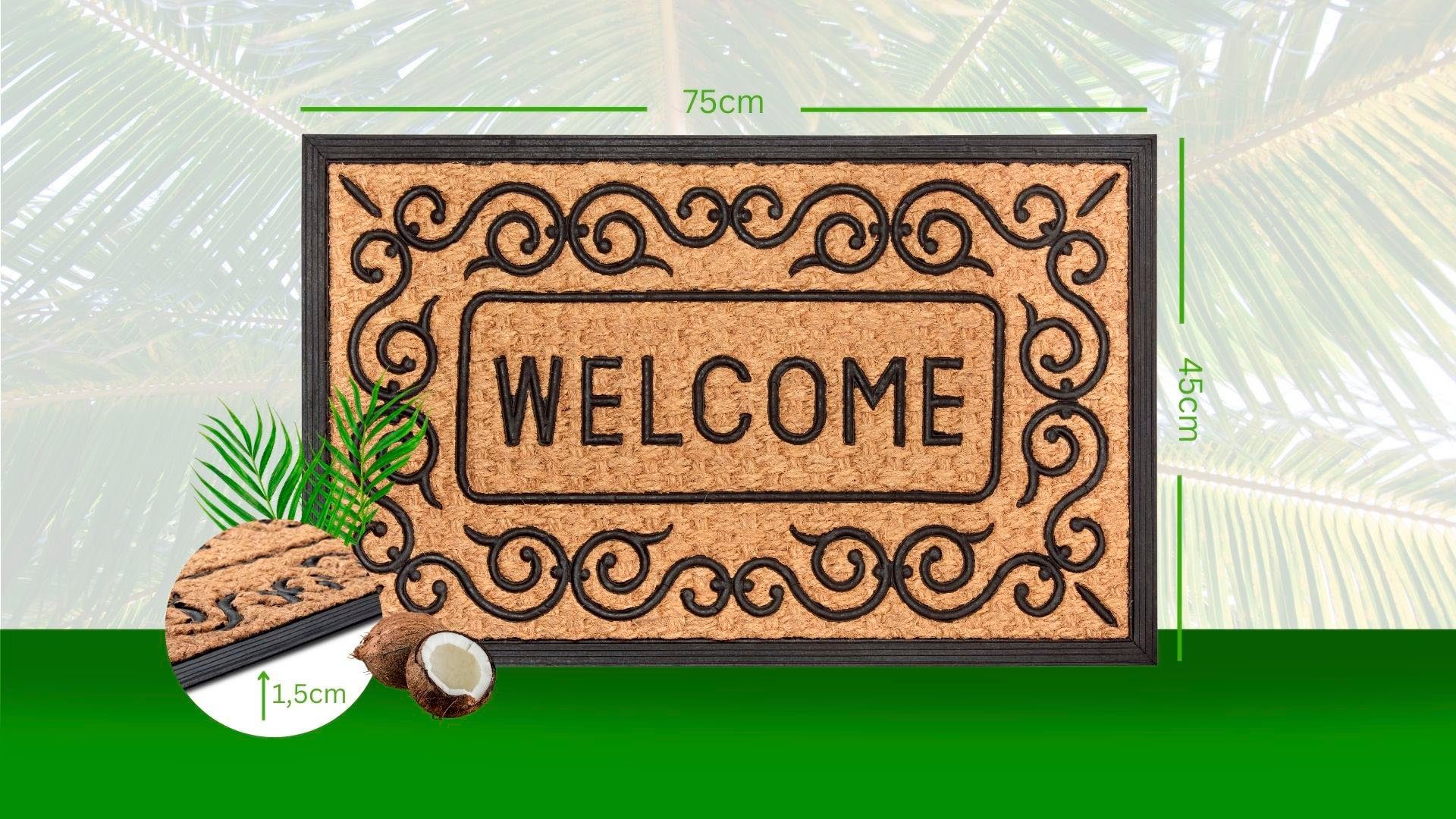 HANSE Home Mat Mix Mats Gummi-Kokos Welcome Floral Border, deurmat Kokos, rubber, vuilafstotende mat, buiten, antislip, binnen, kokosmat