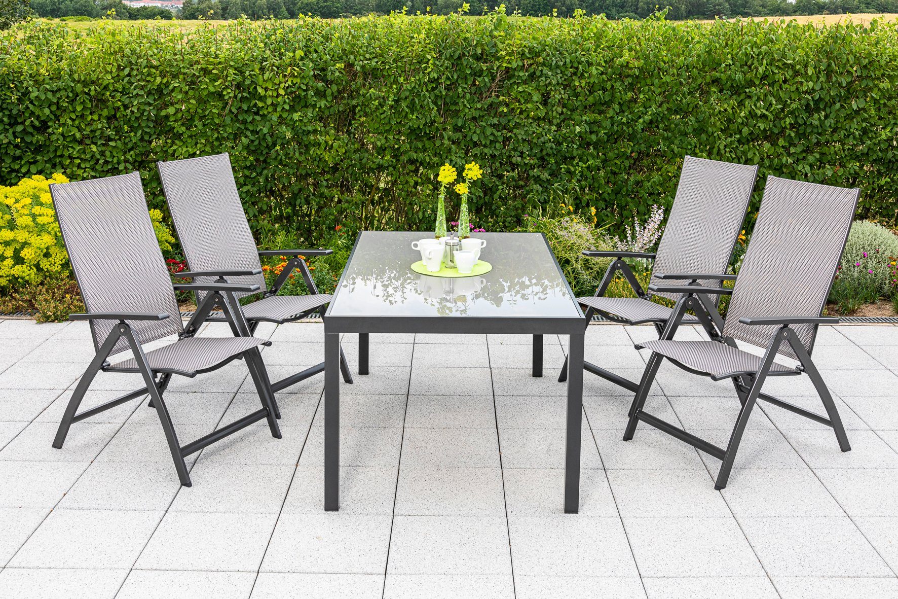 MERXX Tuin-eethoek VICENZA 4 klapstoelen met tafel (5-delig) tuinsets grijs