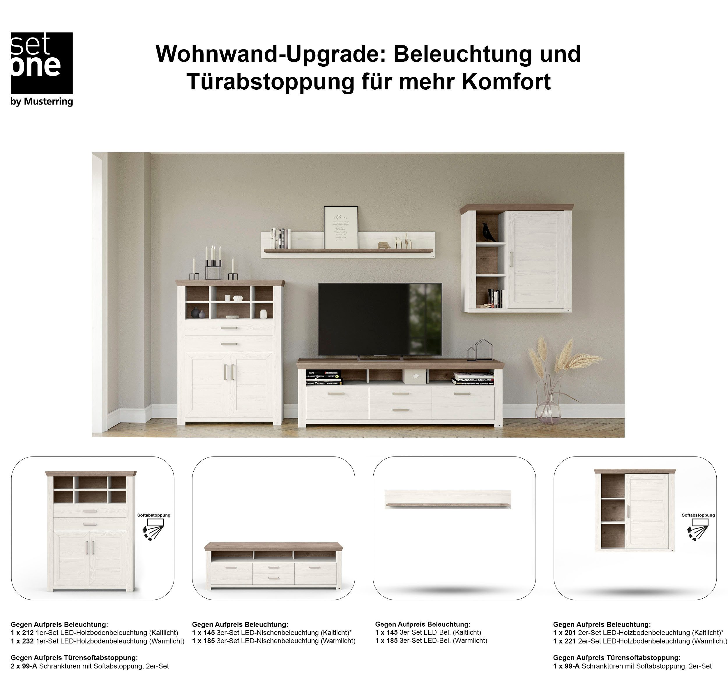set one by Musterring Wandmeubel York Combinatie 01, in 3 kleurvarianten, totale breedte 374 cm (set, 4-delig)