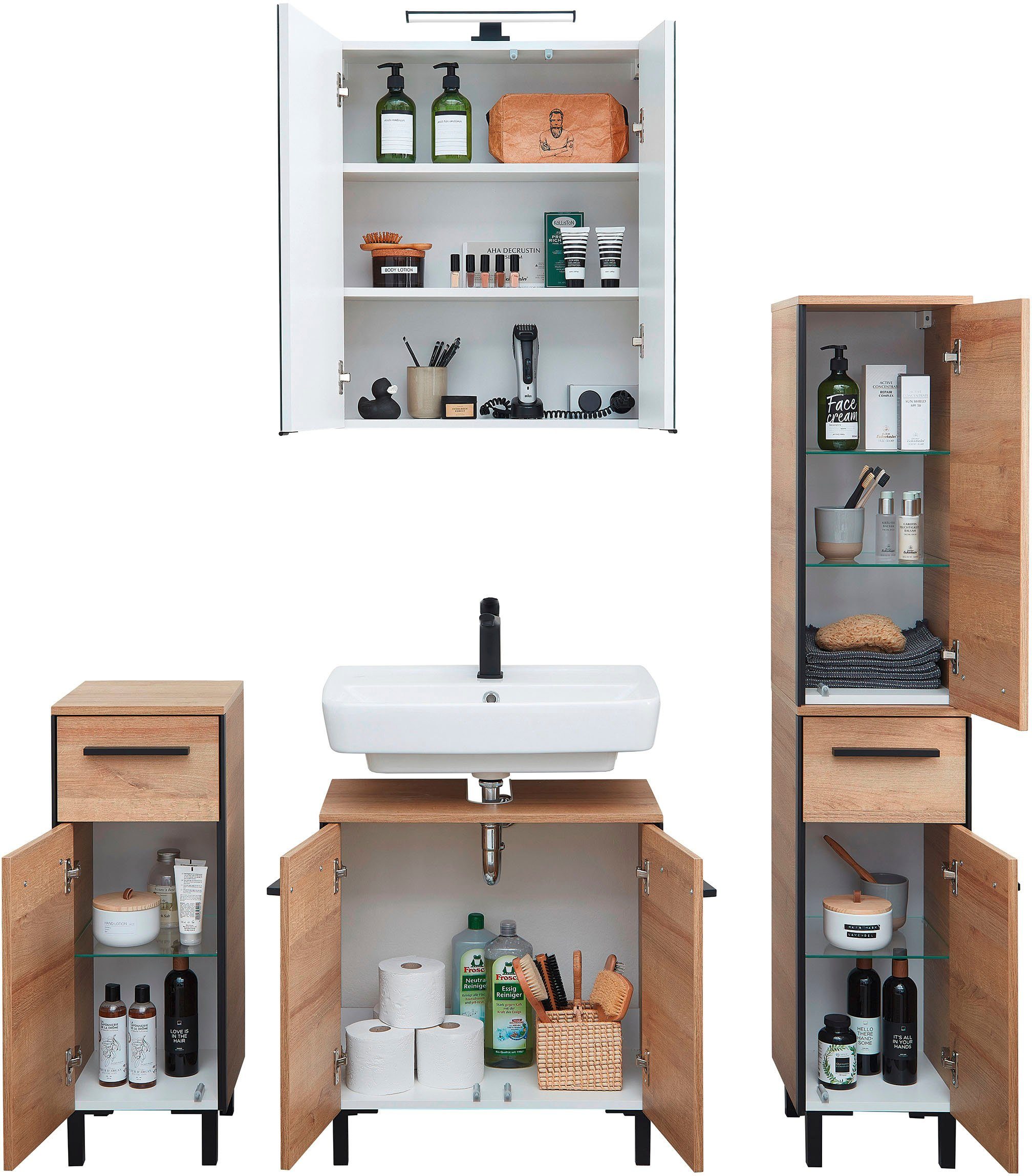 Saphir Badkamerserie Quickset 395 4-delig, wastafelonderkast met led-spiegelkast Onderkast, halfhoge kast, inclusief deurdemper, 7 deuren, 2 laden (5-delig)