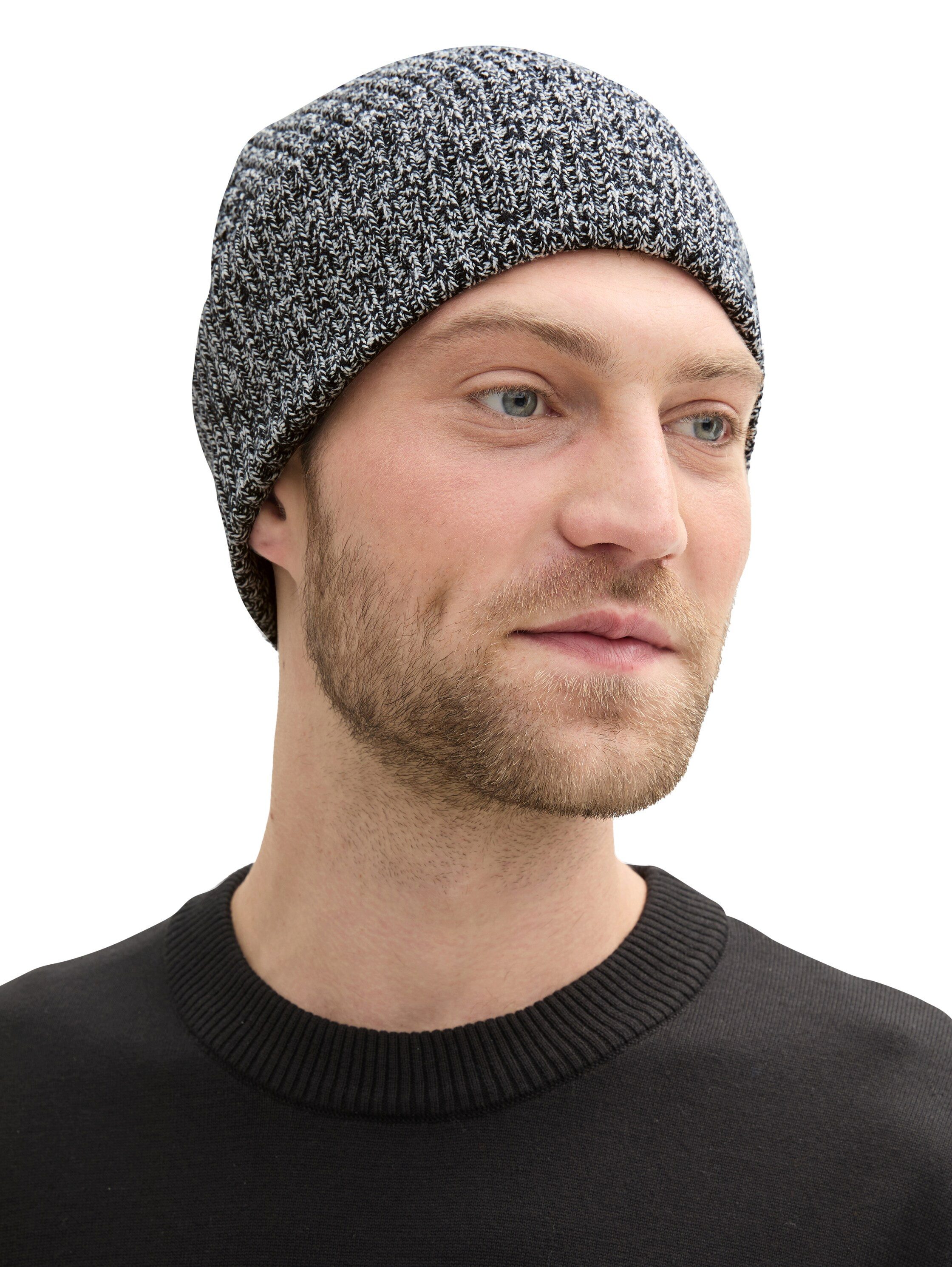 Tom Tailor Denim Beanie met breistructuur en logo-badge