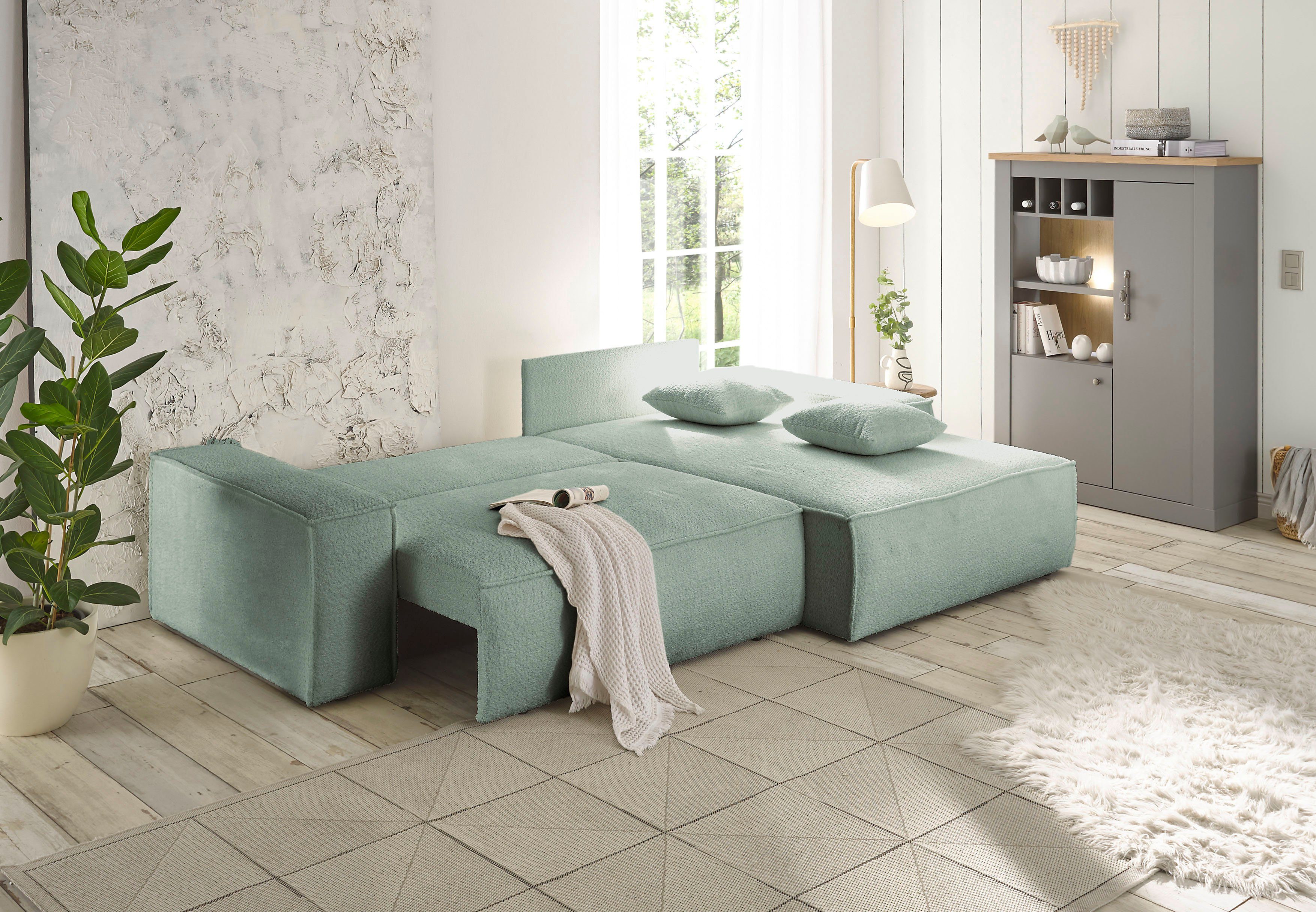 andas Hoekbank Finnley slaapbank 267 cm in Bouclé, fijne structuur en cord, L-vorm