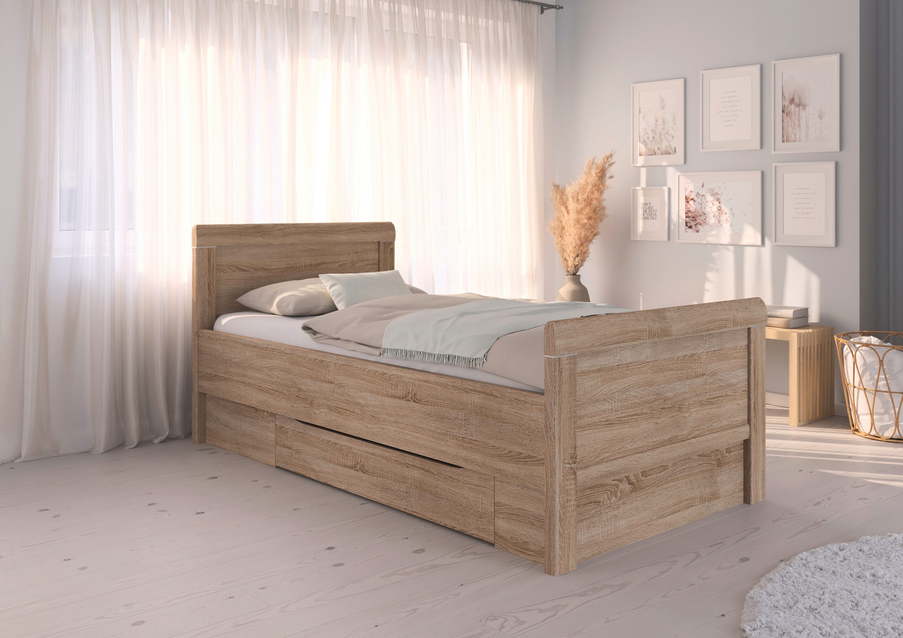 rauch Ledikant met bergruimte Bed Eenpersoons Stollenbed Bedkasten EVELYN in comfortabele hoogte met houten hoofdeinde en lades made in germany