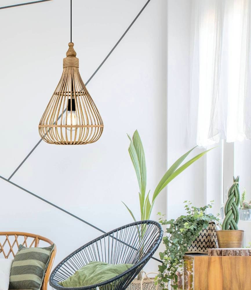 EGLO Hanglamp AMSFIELD Hanglamp, staal, hout in natuurlijke kleuren, eettafellamp, E27, Ø 35 cm (1 stuk)