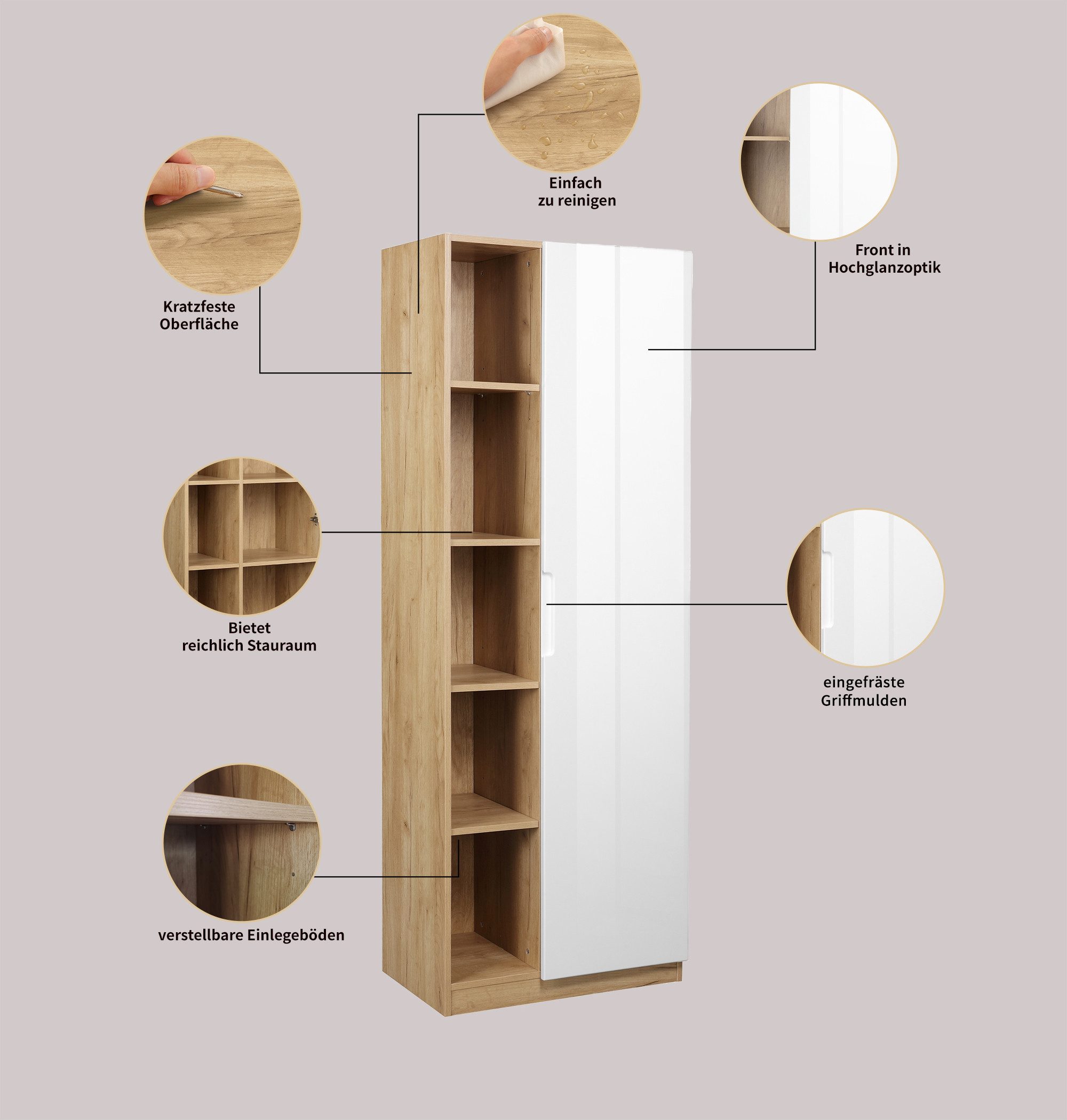 andas Archiefkast Lund met grepen en hoogglans front, 10 vakken, hoogte 180 cm