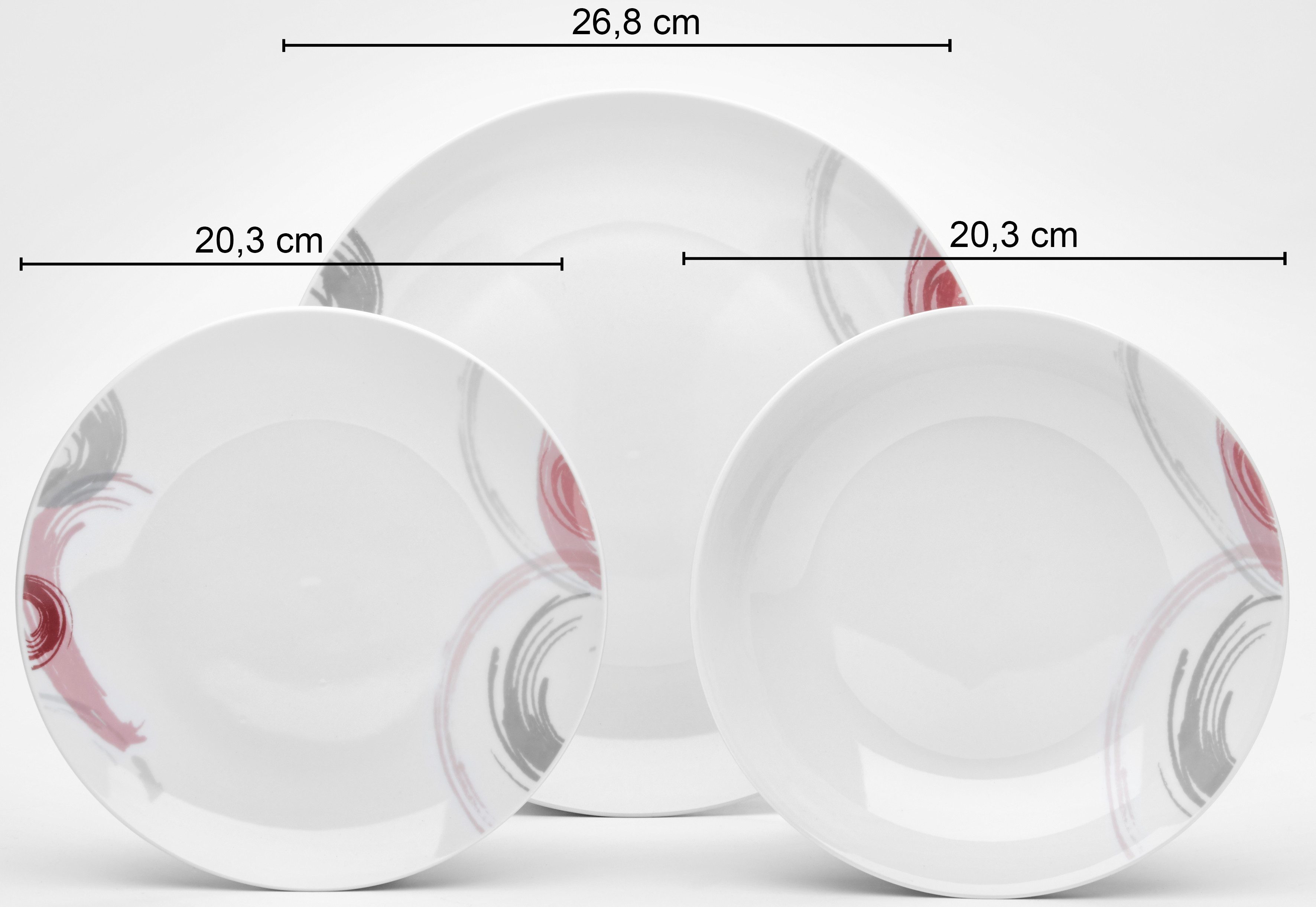 van Well Combi-servies Servies-set Tonga, 16-delig, wit met randdecoratie met decor in grijs/roze/wijnrood, vaatwasser- en magnetronbestendig (set, 16-delig)