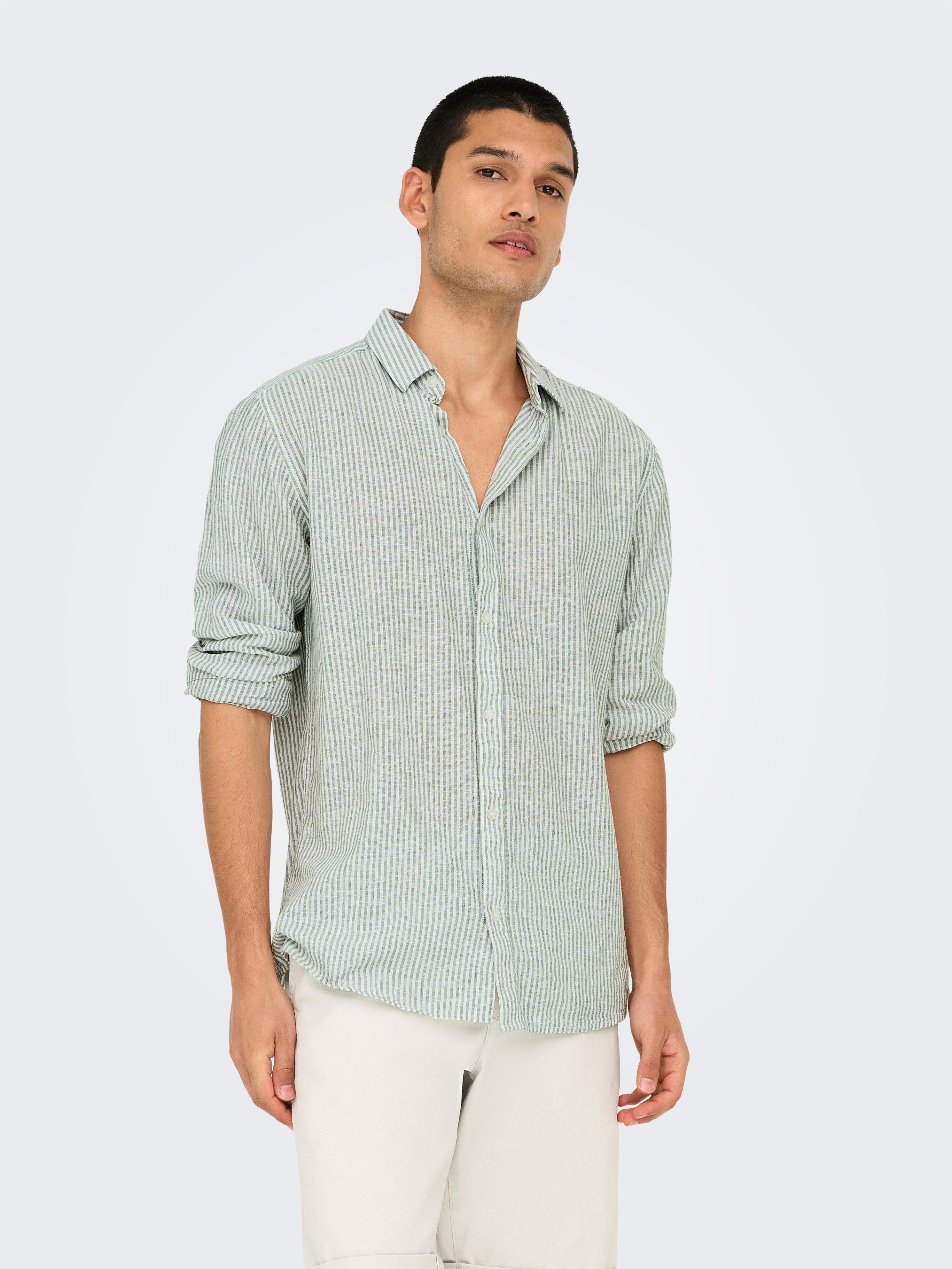 ONLY & SONS Overhemd met korte mouwen ONSCAIDEN LS STRIPE LINEN SHIRT 660 NOOS