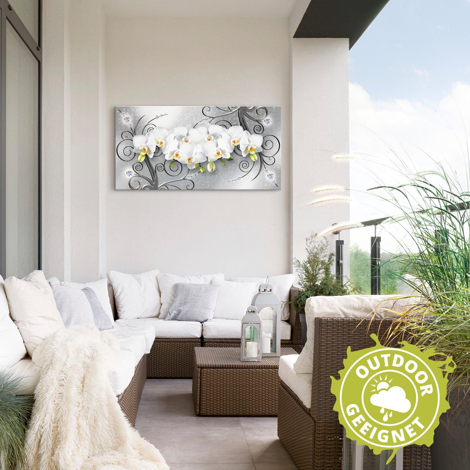 Artland Artprint Witte orchideeën op ornamenten als artprint van aluminium, artprint voor buiten, artprint op linnen, poster, muursticker