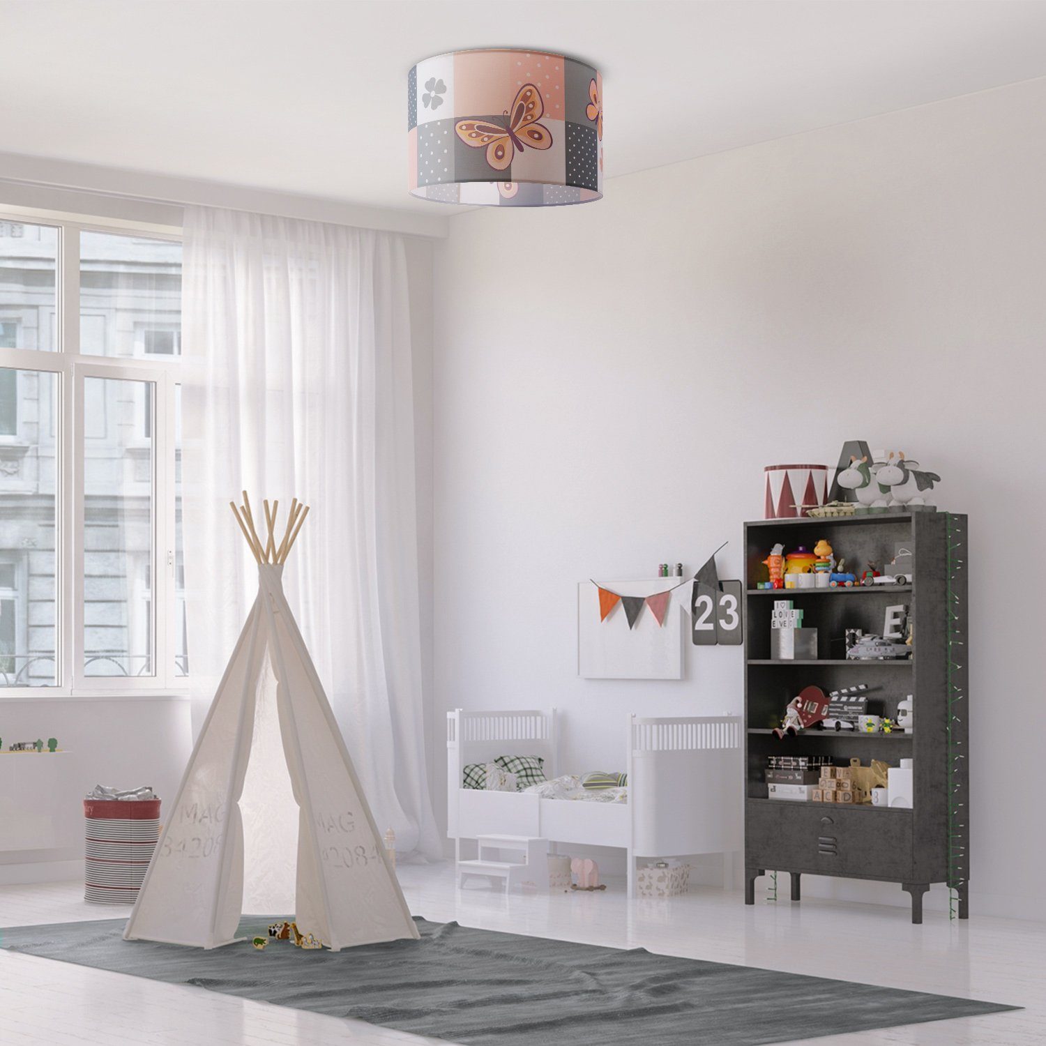 Paco Home Plafondlamp Cosmo 220 Lamp kinderkamer plafondlamp roze vlinder bloemen ruit E27