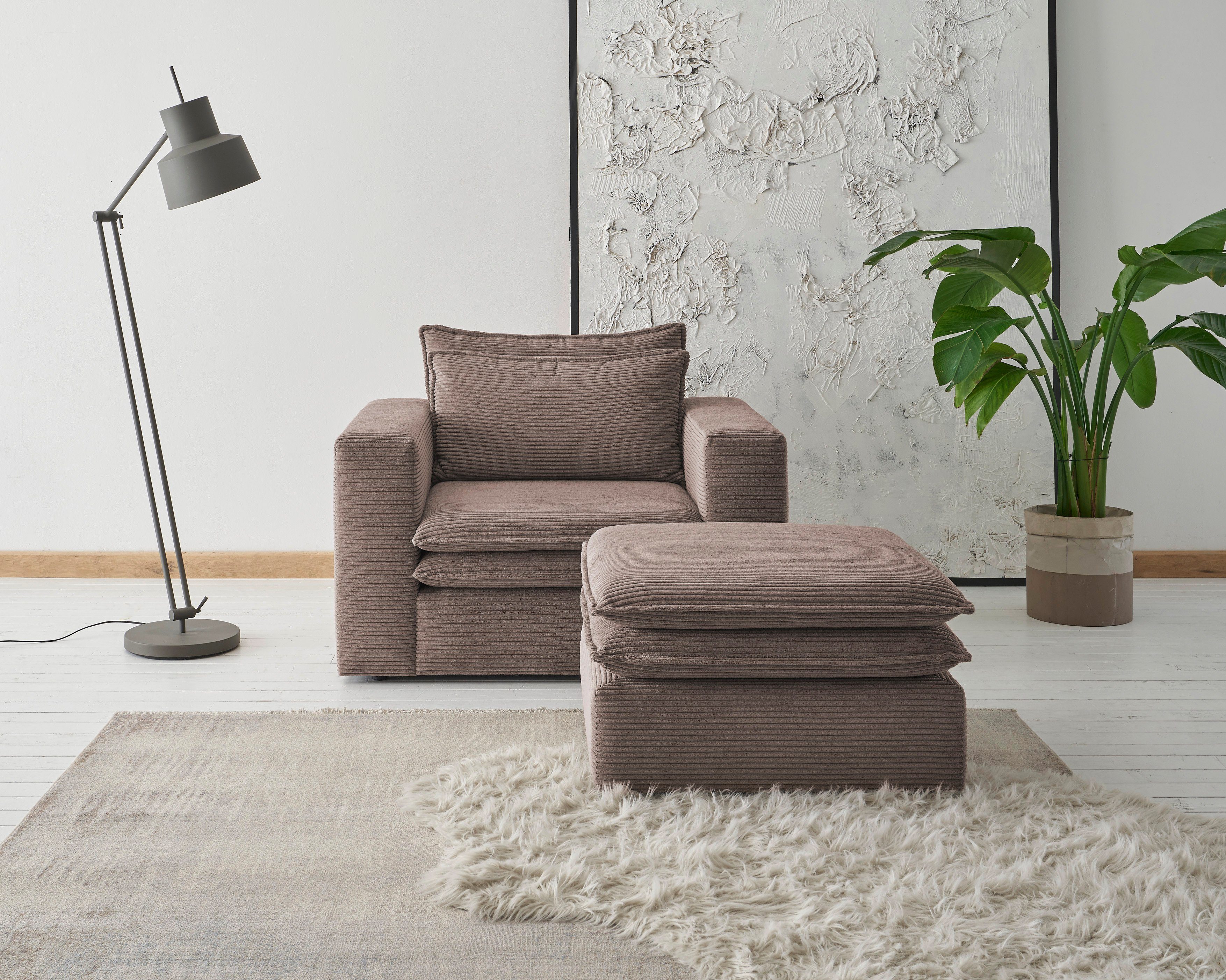 Places of Style Zithoek PIAGGE Hoogwaardige cord, fauteuil en hocker klein als set (2-delig) bruin, zithoeken