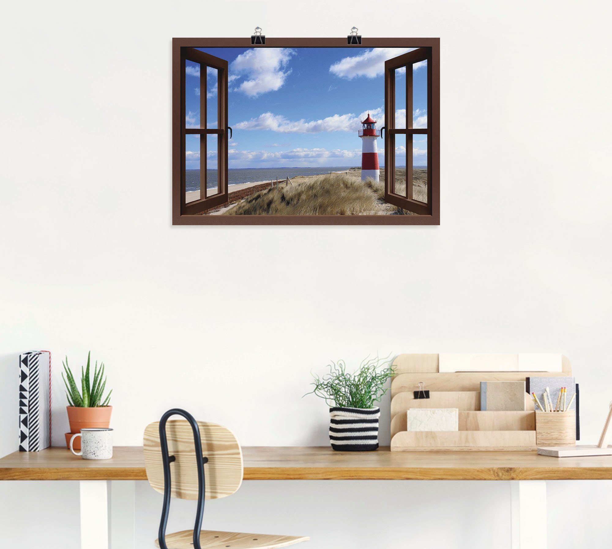 Artland Artprint Blik uit het venster - vuurtoren Sylt als artprint op linnen, poster in verschillende formaten maten