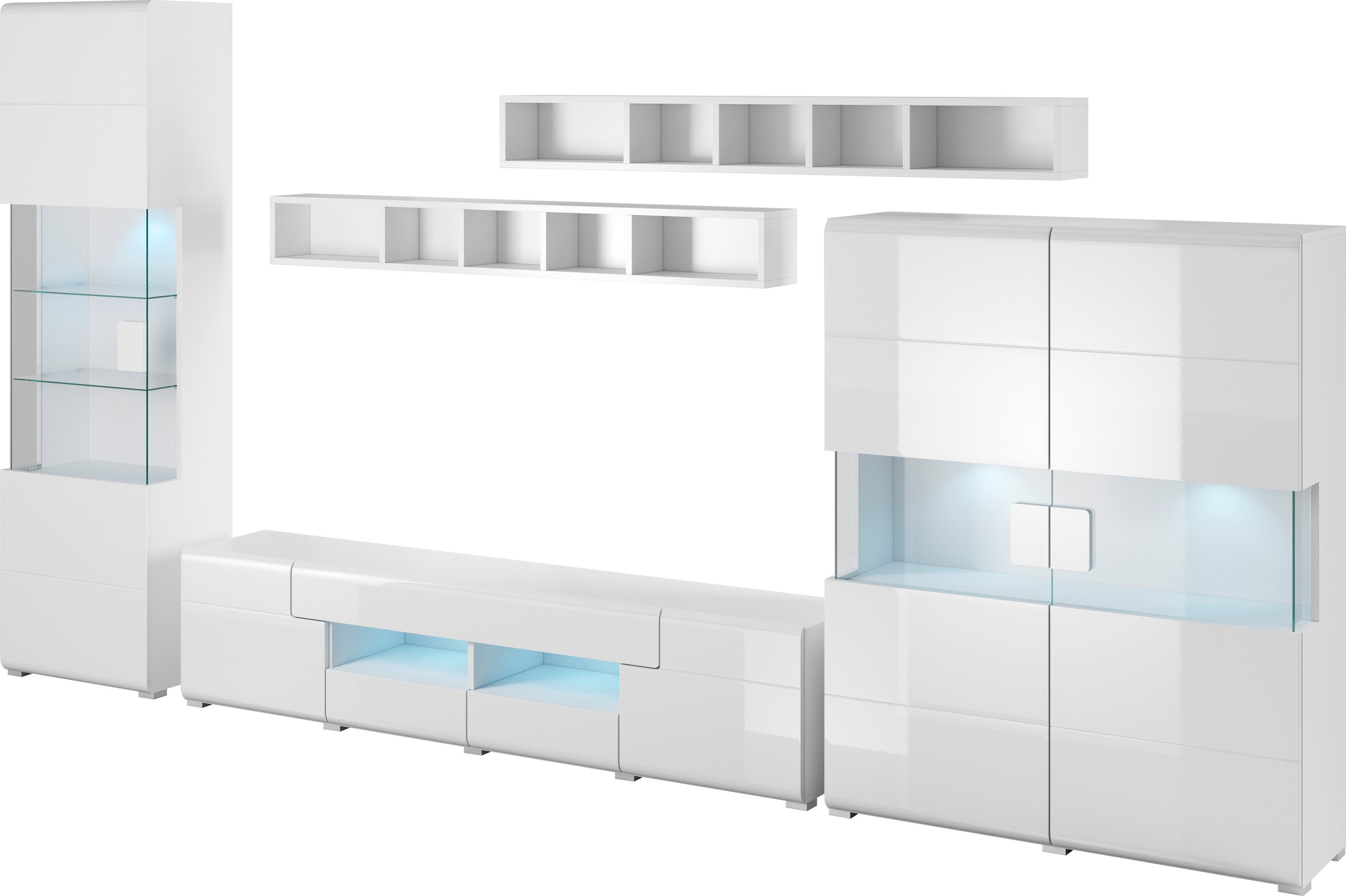 INOSIGN Wandmeubel Toledo, breedte 391cm stijlvolle mediawand zonder verlichting Opbouwwand (vitrine, lowboard, highboard, 2x hangplank) MDF hoogglans fronten (set, 5 stuks)