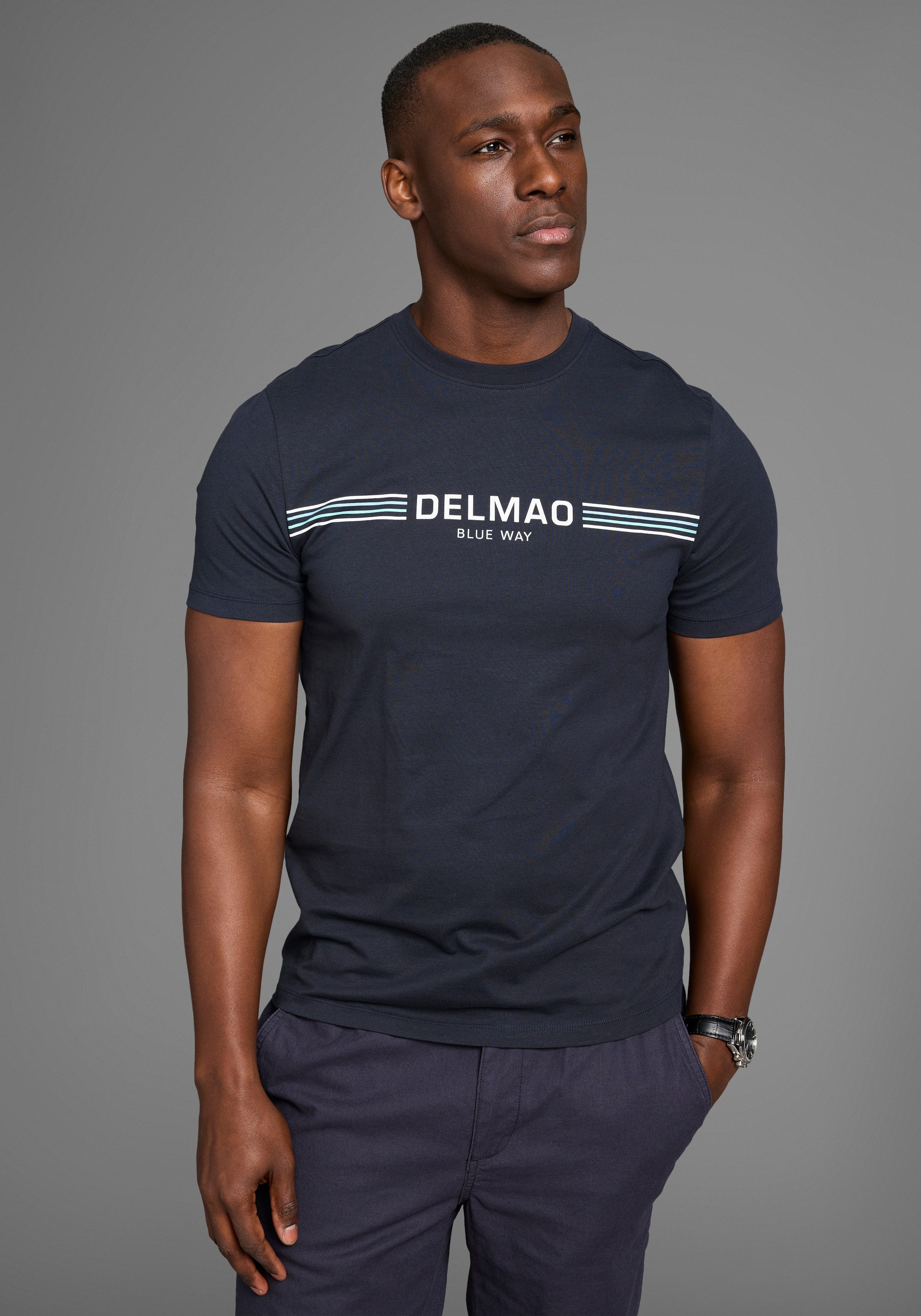 DELMAO T-shirt met sportief-maritieme merkopdruk heren t-shirts maat L (52/54) blauw