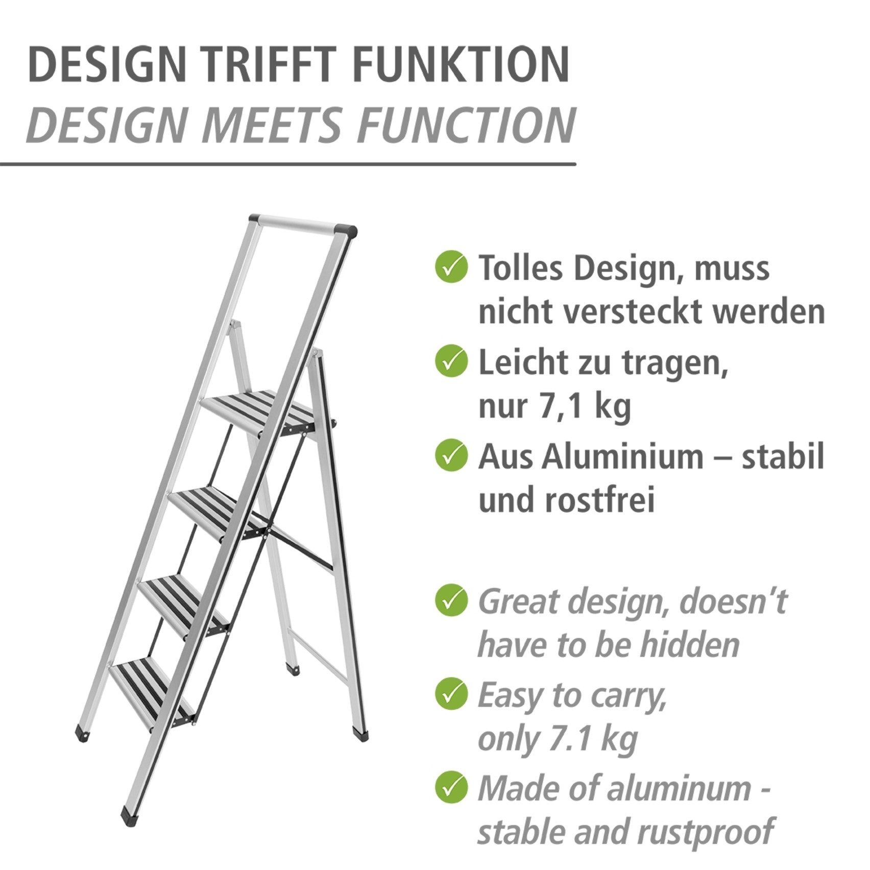 WENKO Huishoudtrapje Model Alu-Design 4-voudig, aluminium, xxl-treden, plat inklapbaar