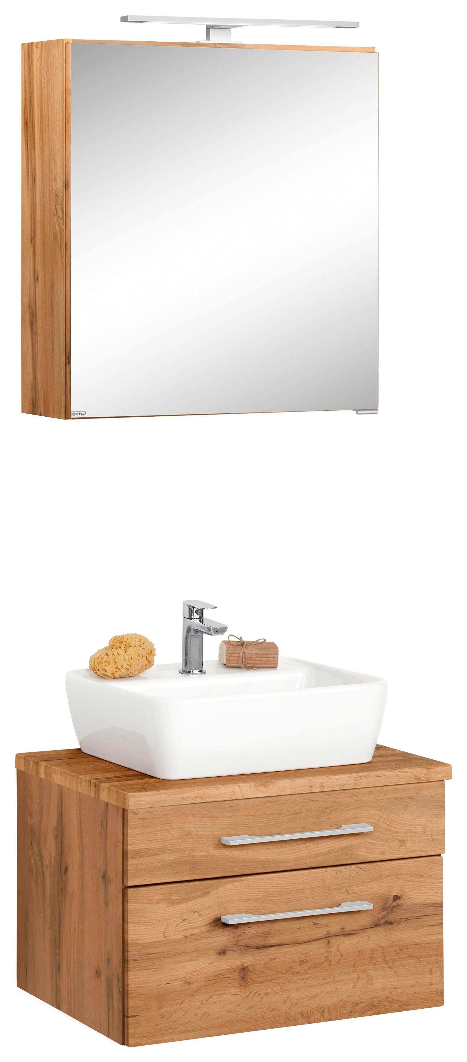 welltime Badkamerserie Davos Spiegelkast breedte 60 cm, met rechthoekige wasbak (2-delig) badmeubelsets bruin