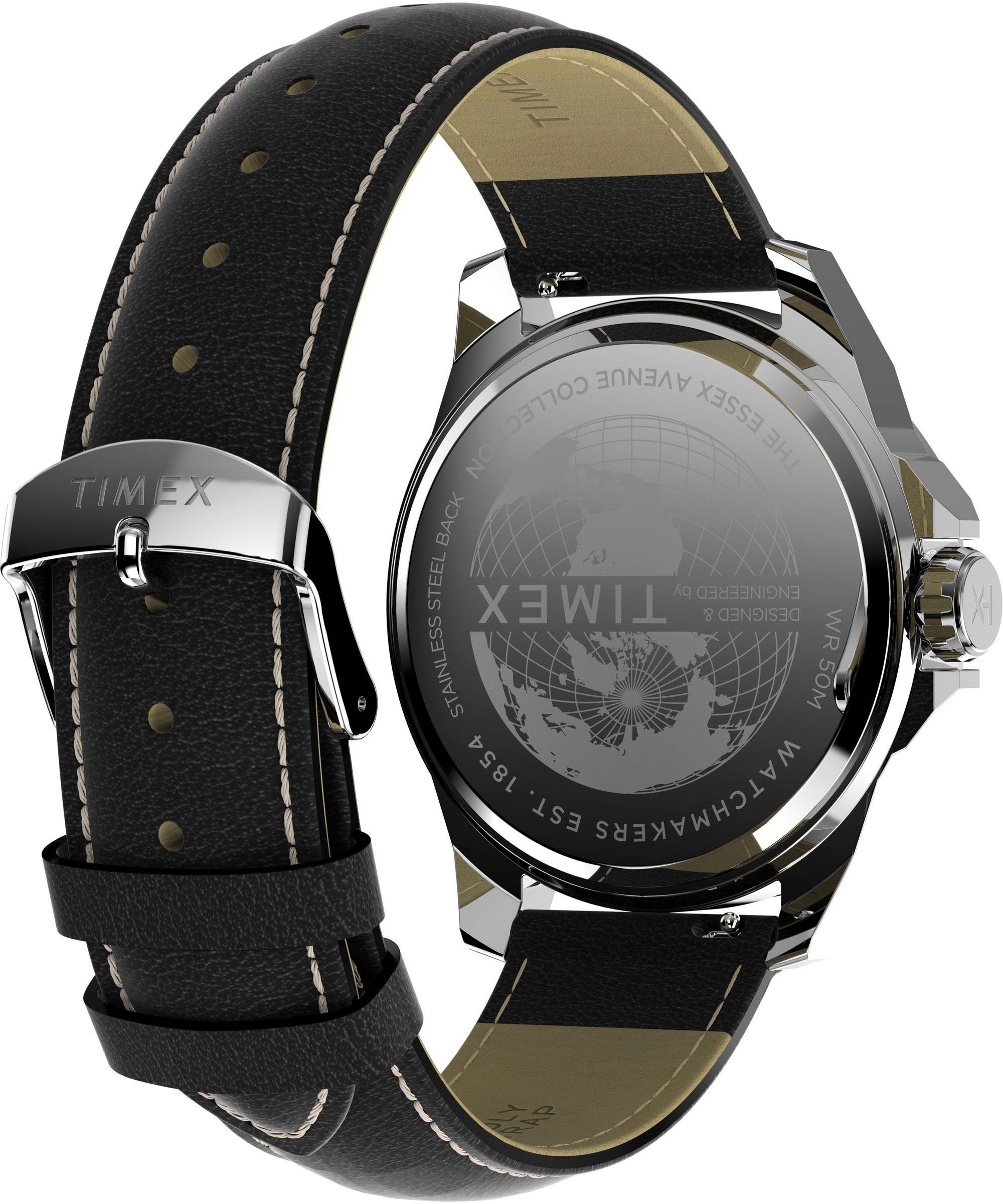 Timex Kwartshorloge Essex Armbandhorloge, herenhorloge, leren armband, datum, fluorescerende wijzers