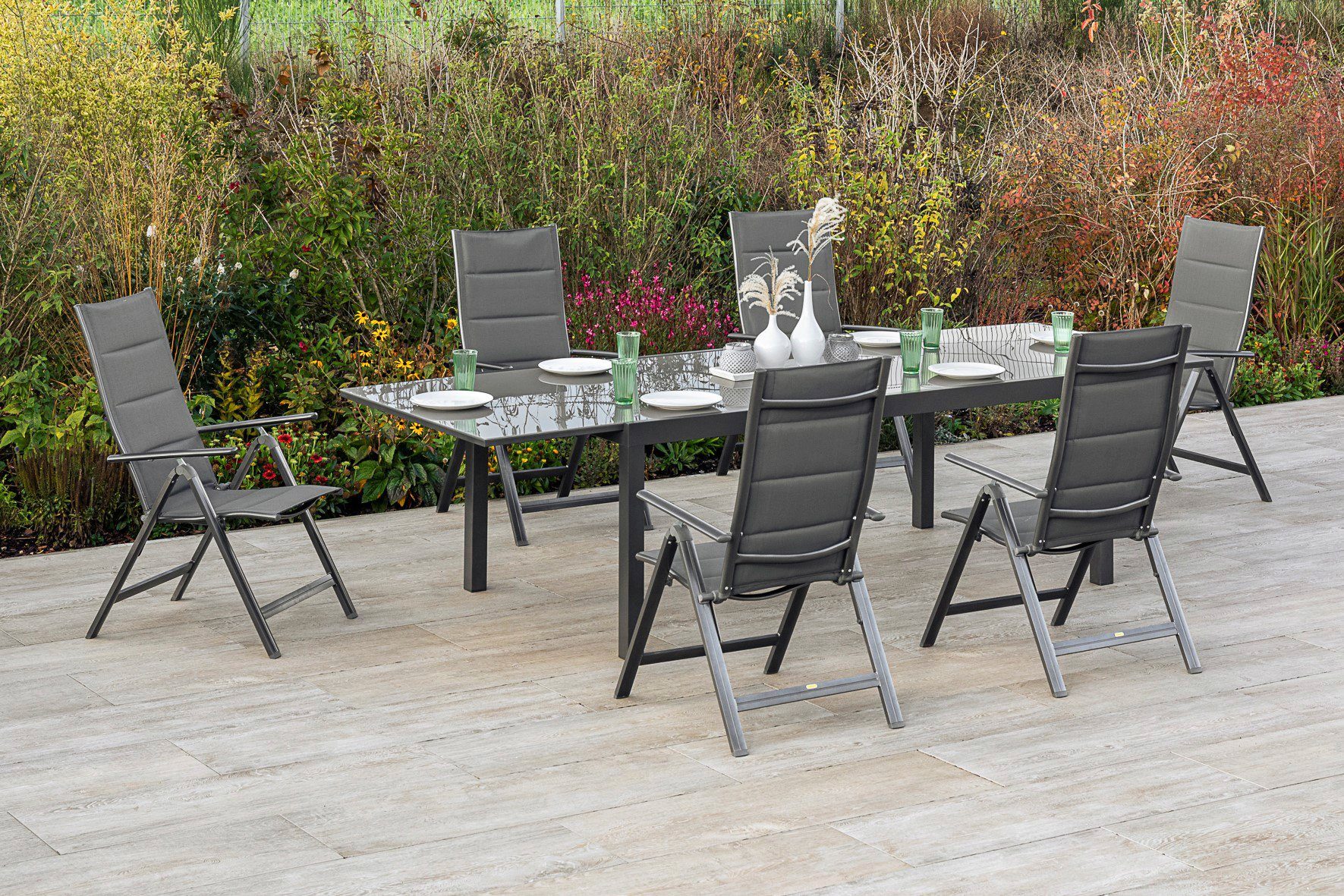MERXX Tuin-eethoek Taviano 6 klapstoelen, 5-voudig verstelbaar, uitschuifbare tafel (set, 7-delig)