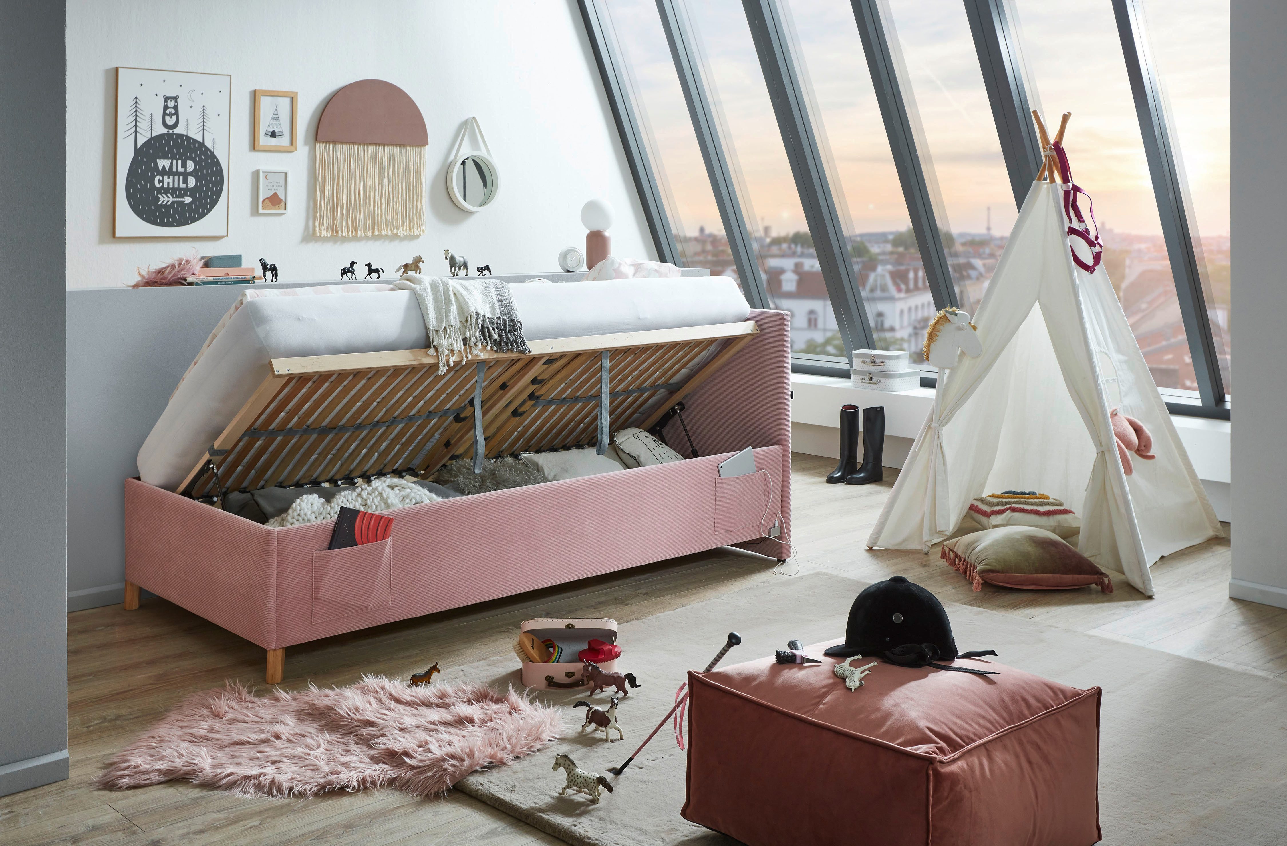 meise.möbel Kinderledikant Blauw Bekleed bed naar keuze met bedkist, tienerbed inclusief USB-aansluiting