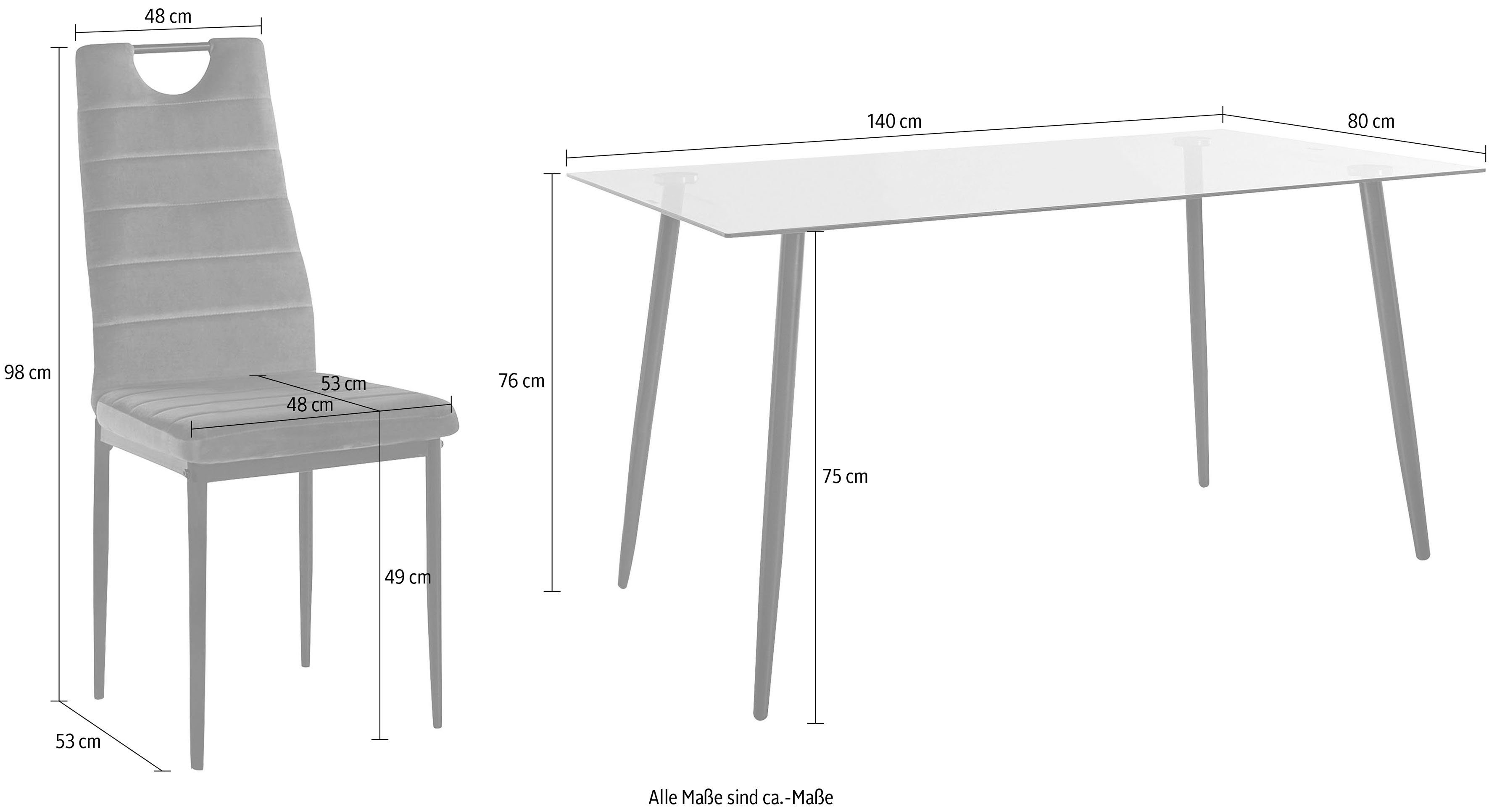 INOSIGN Eethoek Glazen tafel, breedte 140 cm en 4 eetkamerstoelen, bekleding van fluweel (set, 5-delig)