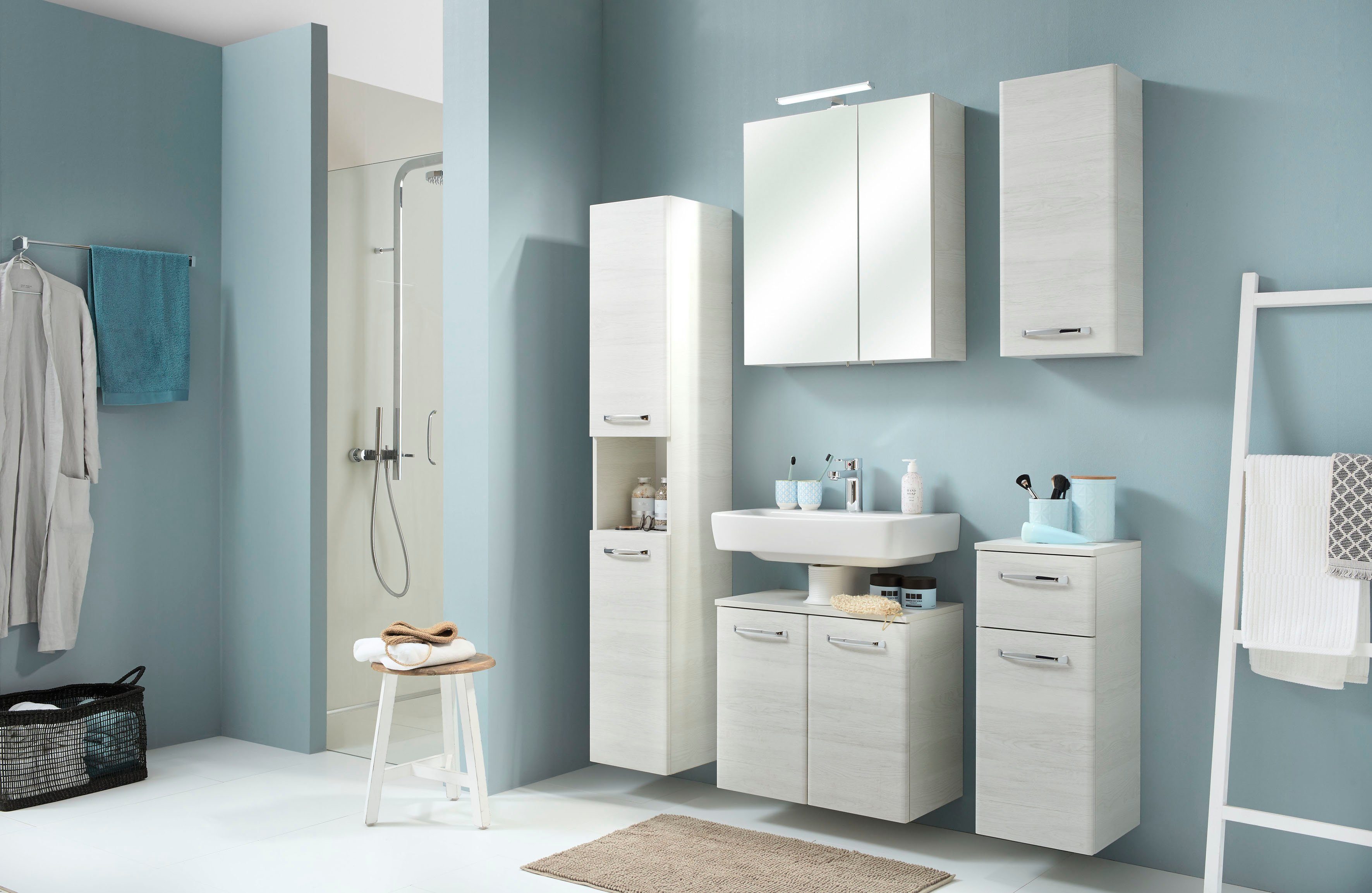 Saphir Hangend kastje Quickset wand-badkast 30 cm breed met 1 deur en 2 glazen legplanken Badkamer-hangend kastje inclusief deurdemper, grepen in glanzend chroom