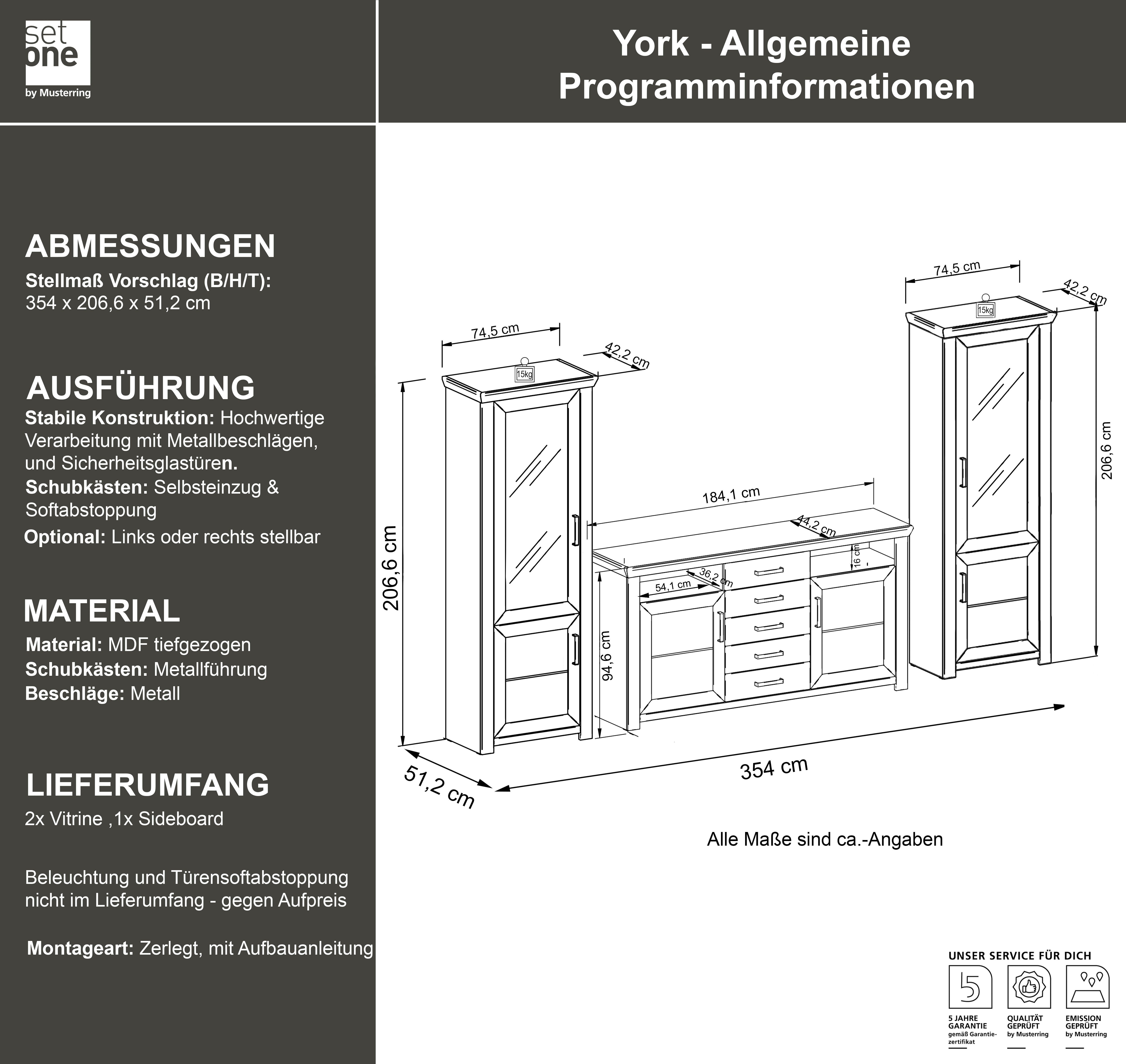 set one by Musterring Wandmeubel York Combinatie 05, in 3 kleurvarianten, totale breedte 354 cm (set, 3-delig)