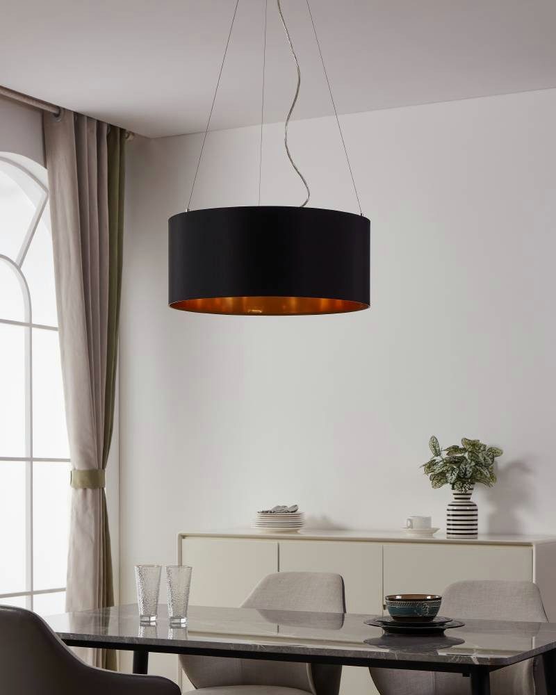 EGLO Hanglamp MASERLO hanglamp, zwart, goud, zilver, stof, elegant, modern Textiel hanglamp zwart/goudkleur, van staal en stof, E27, Ø53 cm