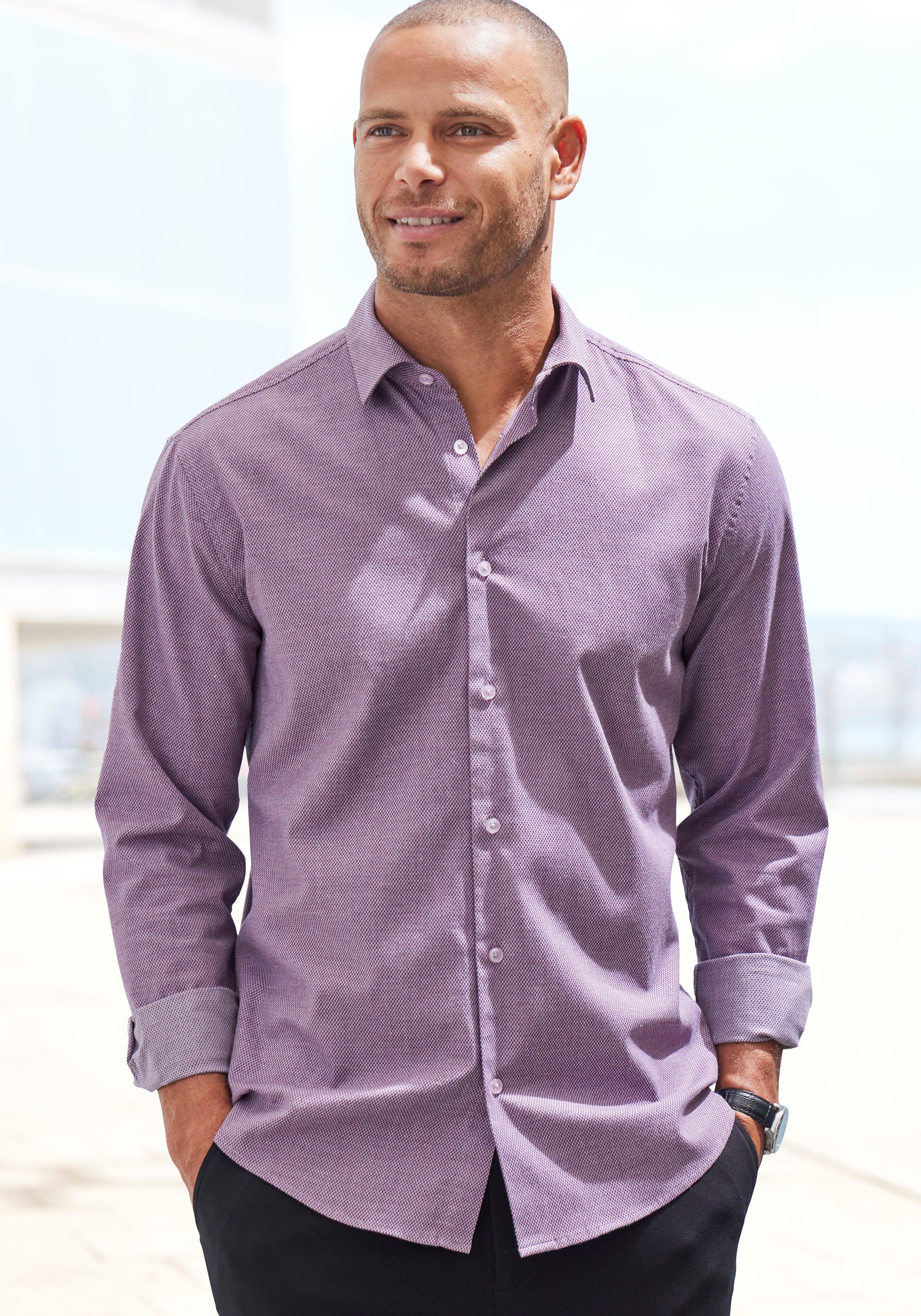 H.I.S Overhemd met lange mouwen Regular fit elastisch jacquard-shirt in regular fit, onderhoudsvriendelijk van katoenmix