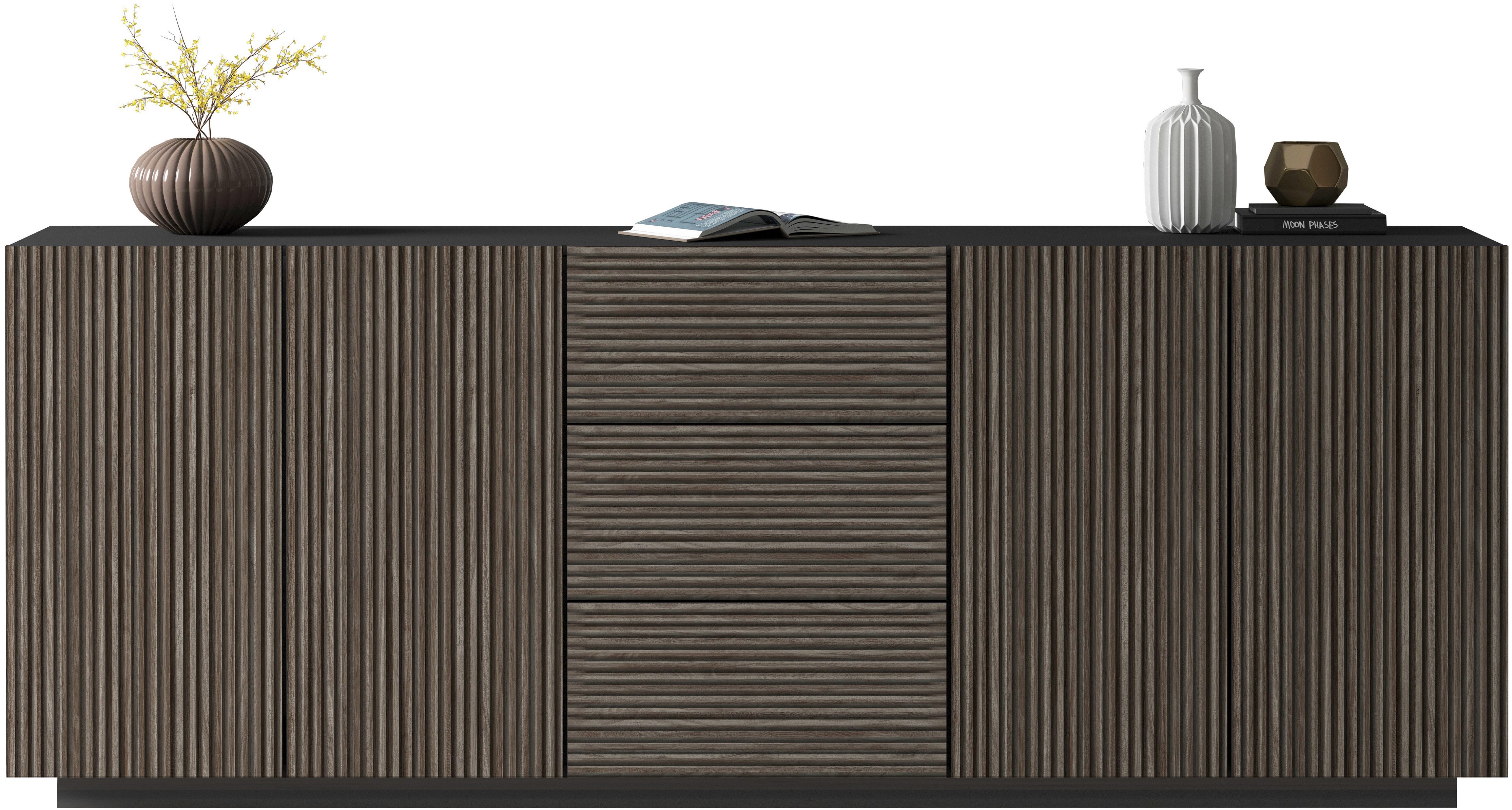 INOSIGN Dressoir Vega Sideboard, Ladekast, 220 cm met 4 deuren en 3 lades, fronten met groeflook