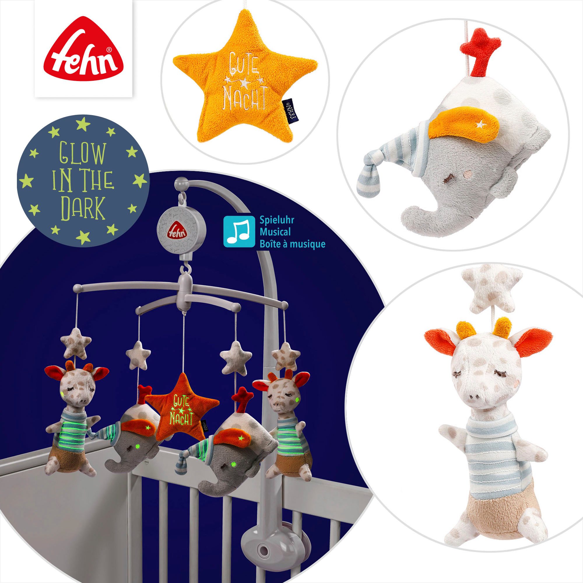 Fehn Mobiel Welterusten met speeldoosje en glow-in-the-dark-borduursel