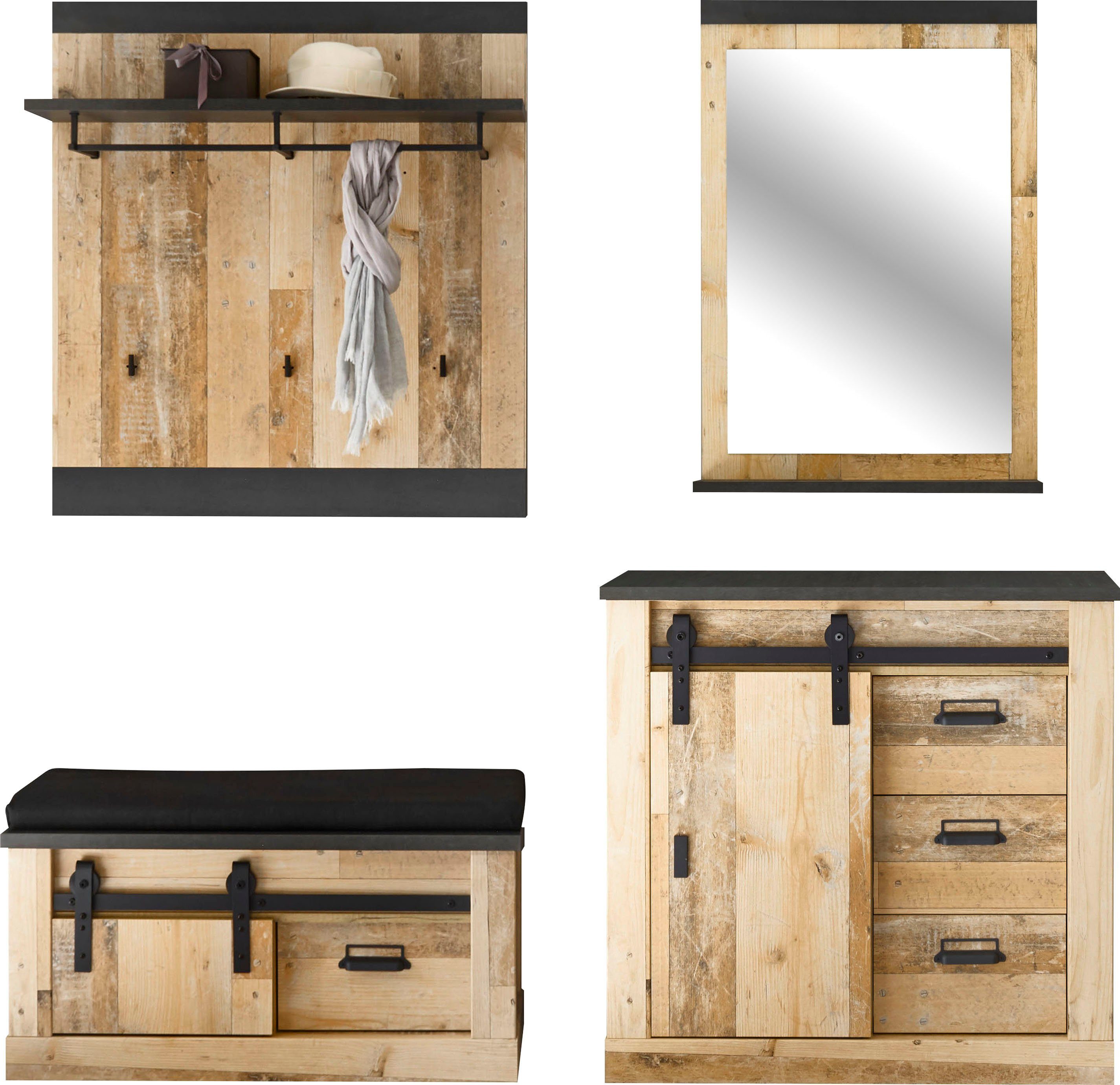 Home affaire Halmeubelset Sherwood met schuurdeurbeslag, apothekersgrepen van metaal (4-delig)