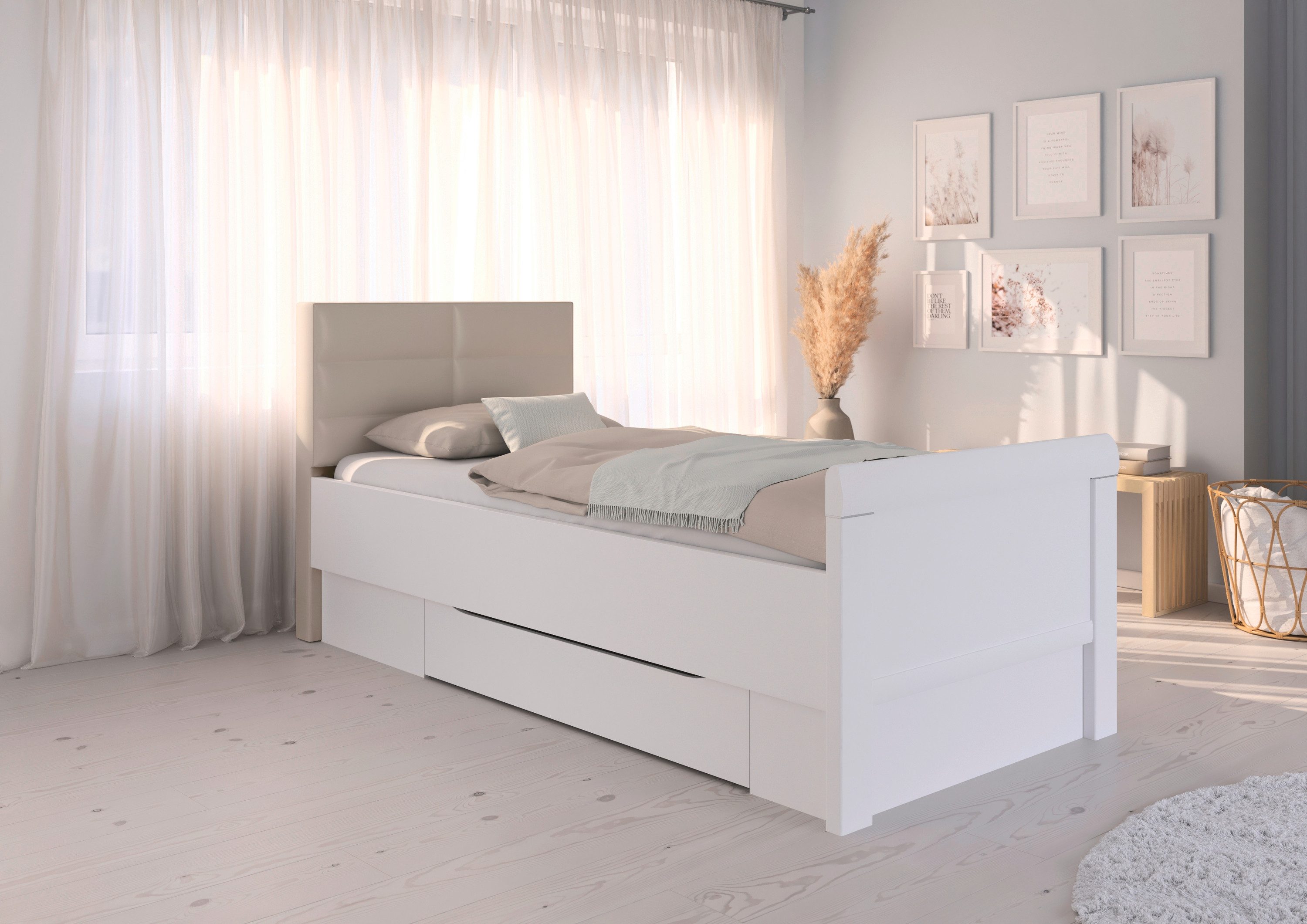 rauch Ledikant met bergruimte Bed Eenpersoons Stollenbed Bedkasten EVELYN in comfortabele hoogte met gestoffeerd hoofdeinde en lades made in germany