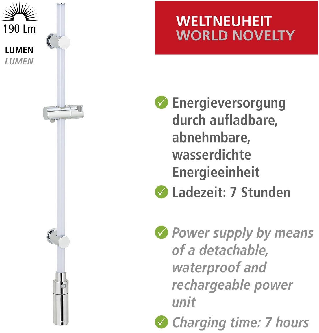 WENKO Douchestang met ledverlichting RGB-kleurwisseling en warmwit, inclusief oplaadbare eenheid