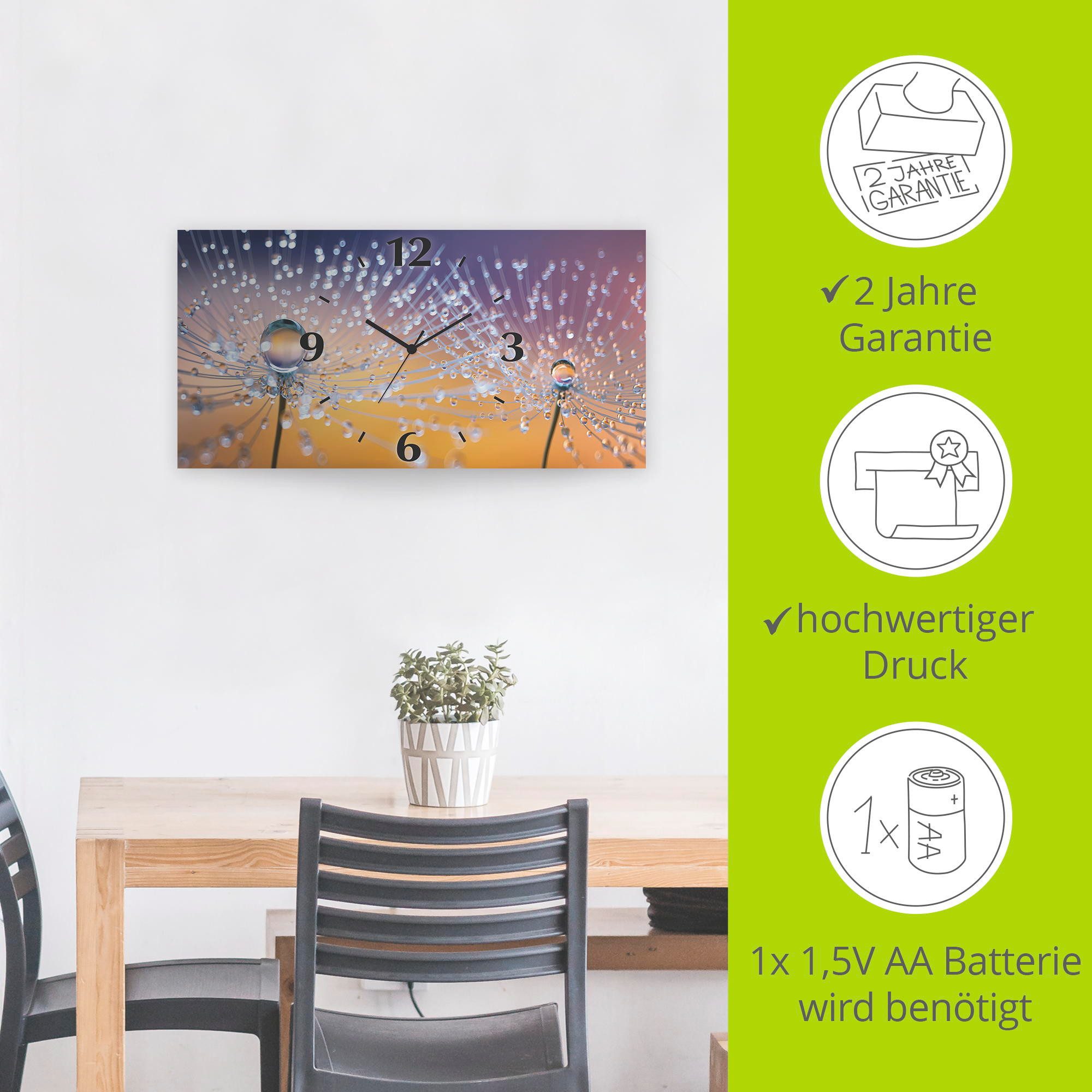Artland Wandklok Paardenbloemen dauwdruppel 3d-look geschulpt, met kwarts- of radiografisch uurwerk, verschillende maten