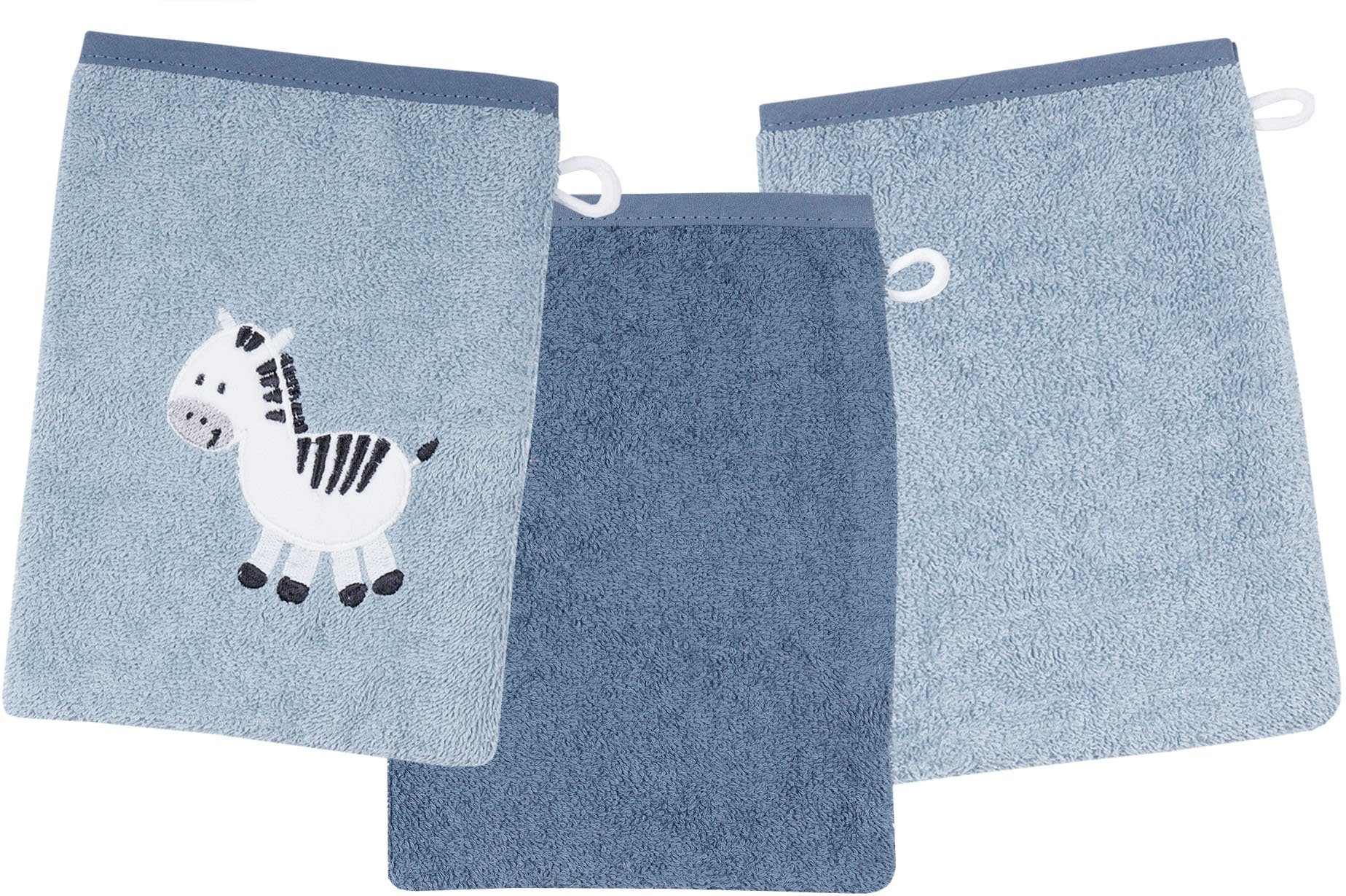 Wörner Washandje Zebra blauw washandje 3-delige set 1x met schattige zebra borduursel, 2x...