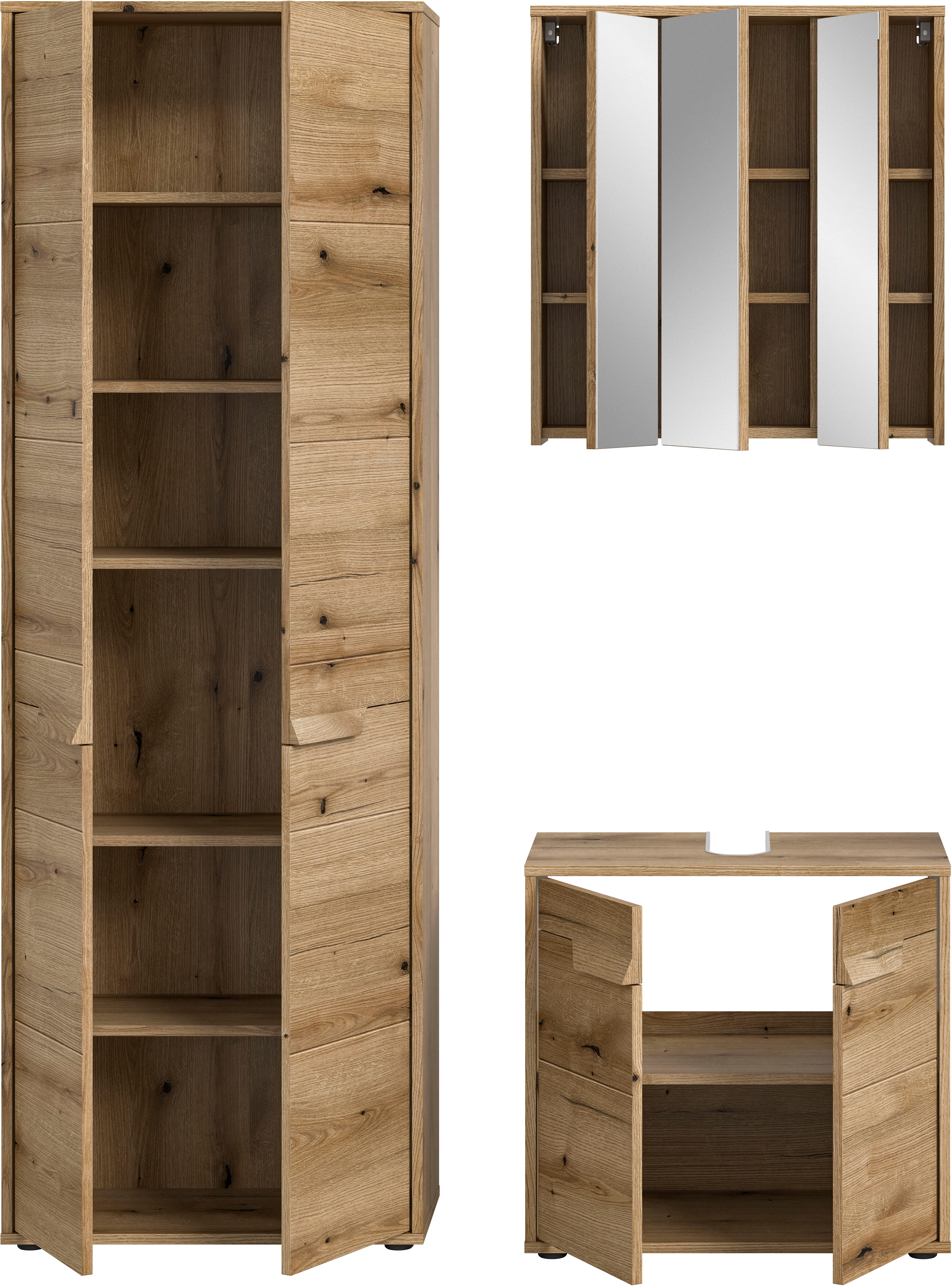 welltime Badmeubelset Kayu, bestaande uit: hoge kast, wastafelonderkast Spiegelschrank, hoogwaardige MDF front met groeffrasing, badkamer, badkamer set
