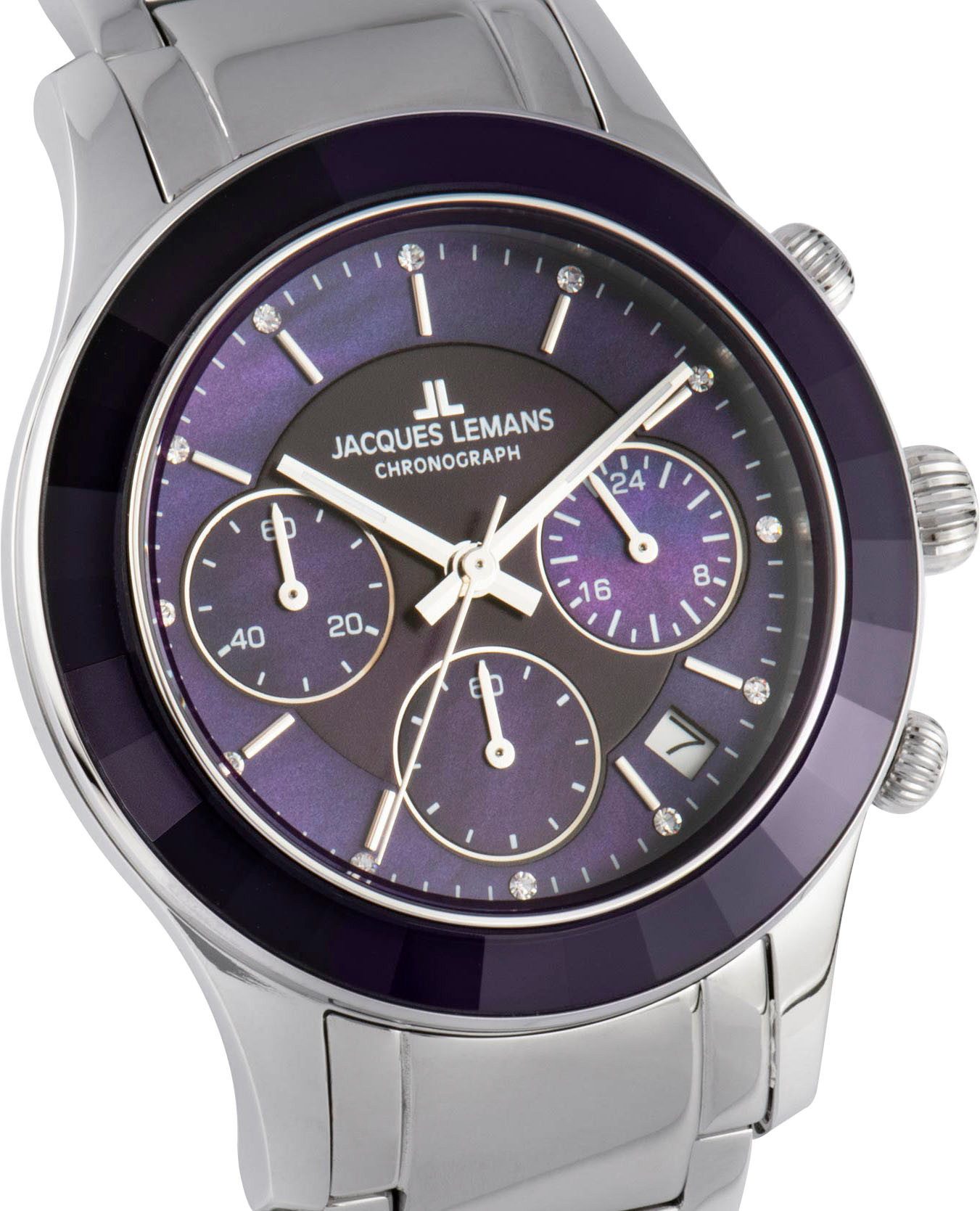 Jacques Lemans Chronograaf Venice Polshorloge, dameshorloge, leren band, stopwatchfunctie, datum, parelmoer